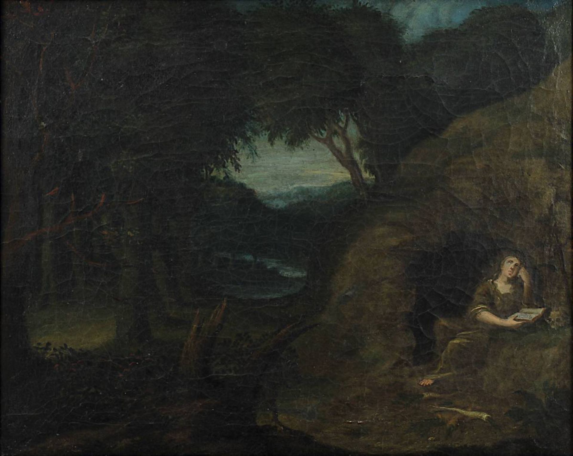 Heiligenmaler 18. Jh., Die Heilige Maria Magdalena am Höhleneingang mit Buch, Kreuz und - Bild 2 aus 3