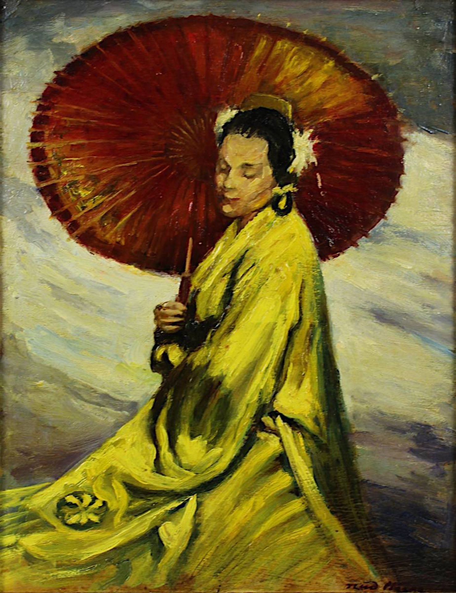Hesse, Rudolf (Saarlouis 1871 - 1944 München), Dame in Kimono mit Schirm, Öl auf Karton, re. unt. - Bild 2 aus 4