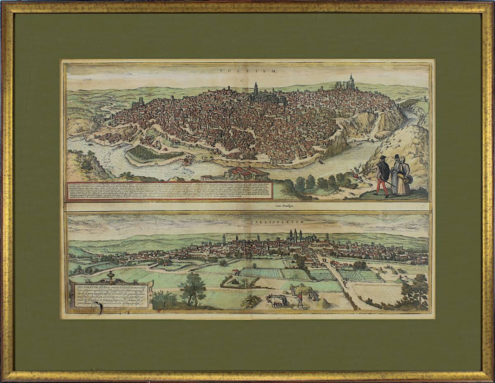 Toledo u. Valladolid, Blick jeweils auf die Stadt, kolorierte Kupferstiche auf einem Blatt, von