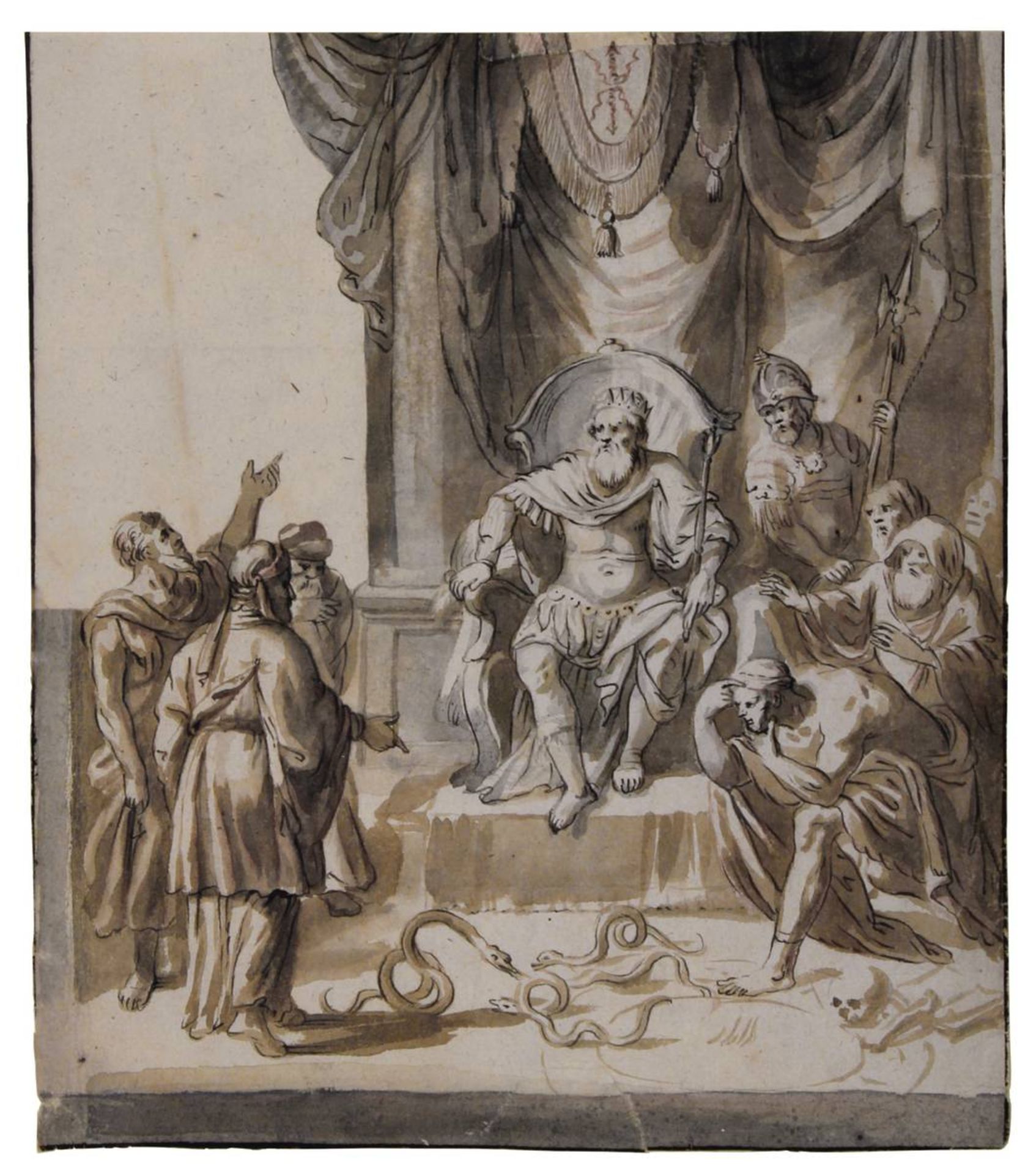 Italienischer Meister 17. Jh., Moses vor dem Pharao, Tuschzeichnung, 23,3 x 20,3 cm, am unteren Rand