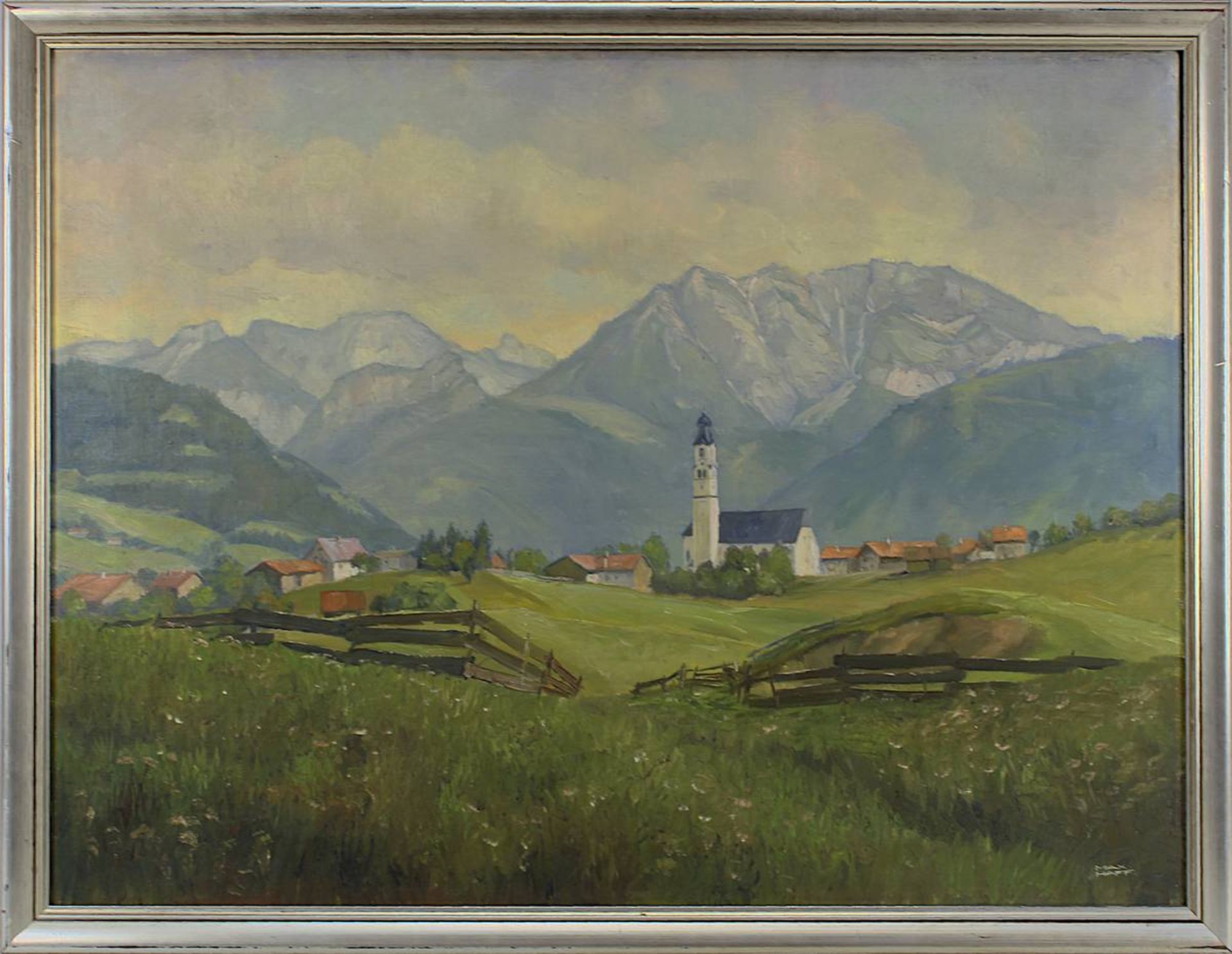 Max Haff, Deutscher Gebirgsmaler um 1940, Dorfkirche vor Alpenpanorama, Öl auf Leinwand, rechts