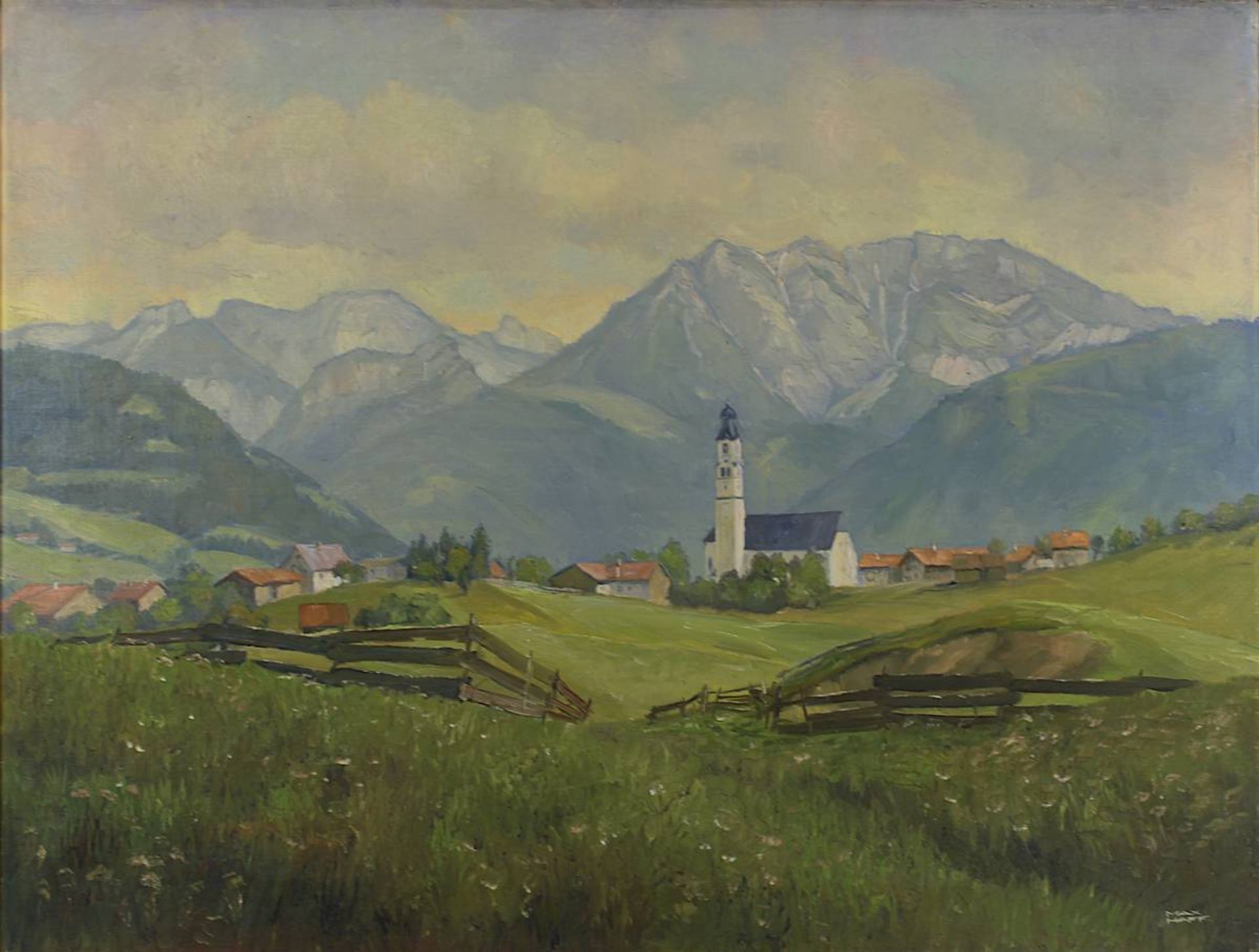 Max Haff, Deutscher Gebirgsmaler um 1940, Dorfkirche vor Alpenpanorama, Öl auf Leinwand, rechts - Image 2 of 4