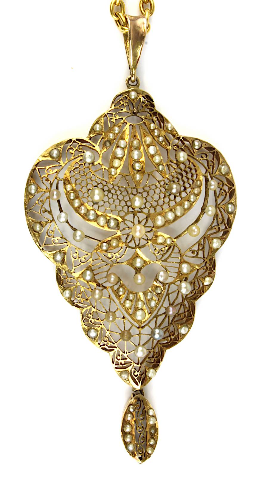 Gelbgold-Perlanhänger an Gelbgoldkette mit Perlen, filigran durchbrochen gearbeiteter Anhänger in - Image 2 of 2