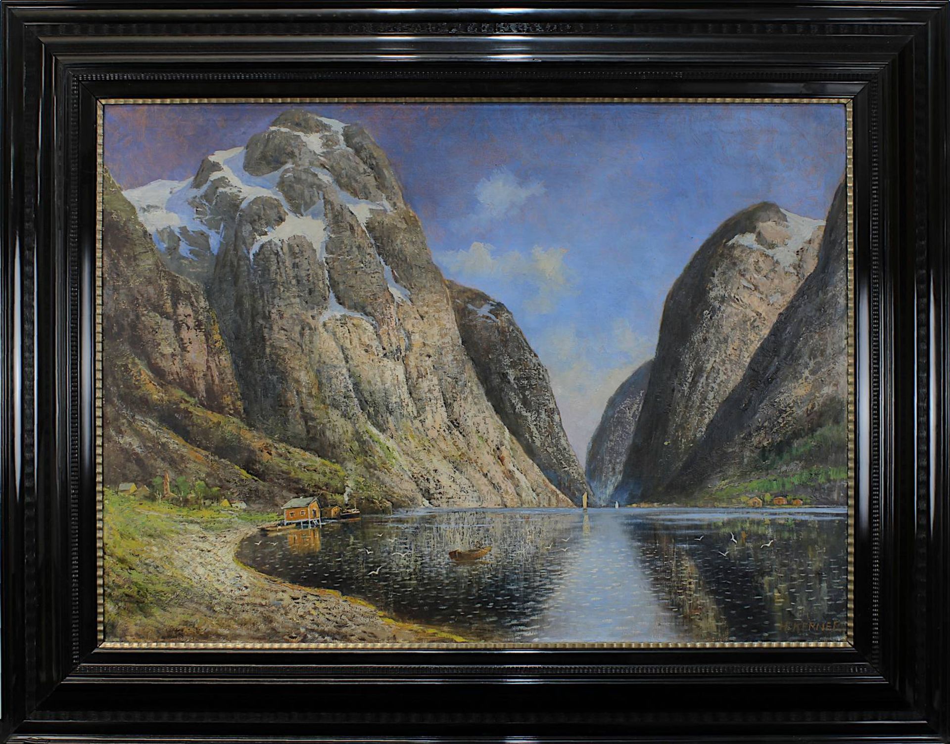 Kerner, Henriette (1896 - ?), Gebirgssee oder Fjord, um 1900-1920, Öl auf Leinwand, u. re.