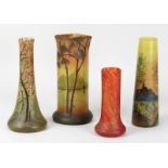 4 Jugendstil-Glasvasen, Frankreich um 1900-1910: 3 Vasen wohl Legras, Klarglas mit