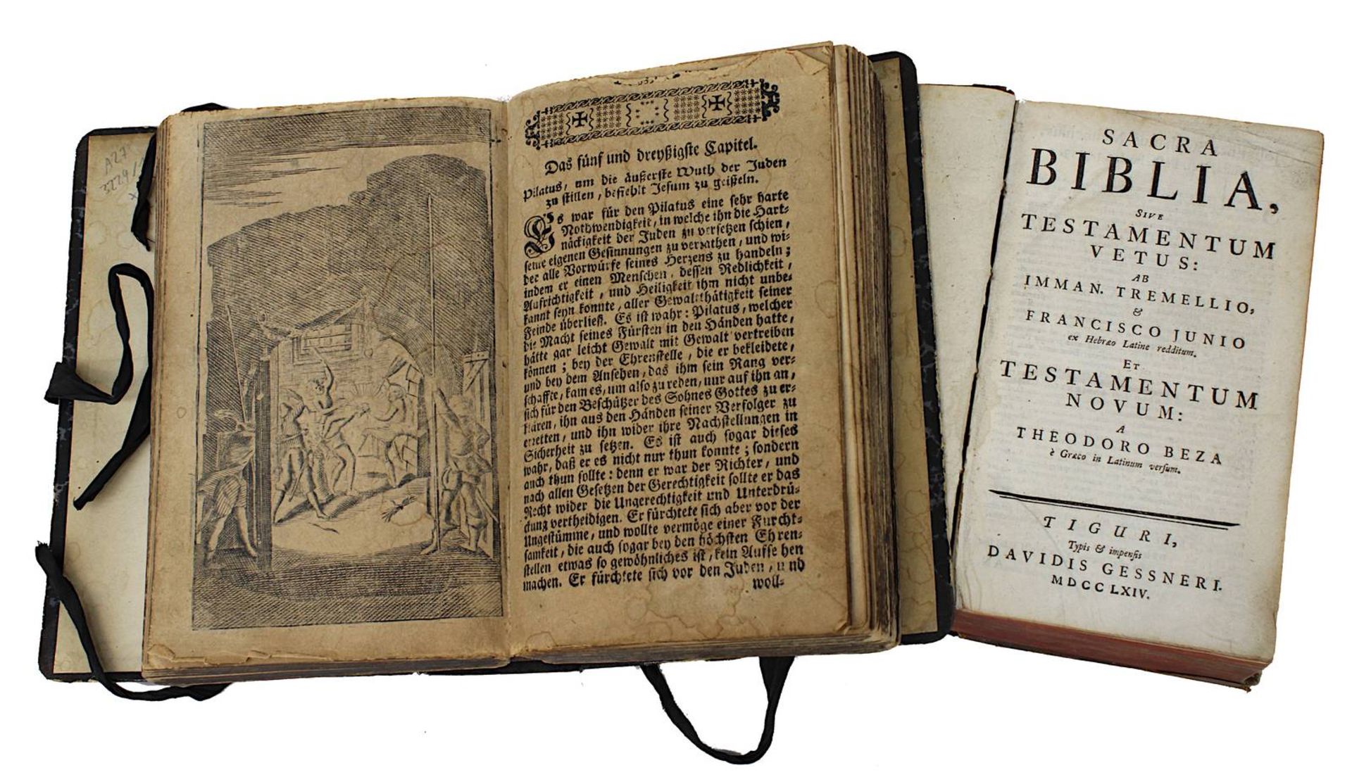 Zwei Bücher zu Religion: "Sacra Biblia, sive Testamentum Vetus ... Testamentum Novum ...", Tiguri
