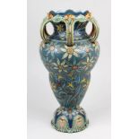 Villeroy & Boch Jugendstil-Vase, Mettlach 1912, große balusterförmige Chromolith-Vase mit 6