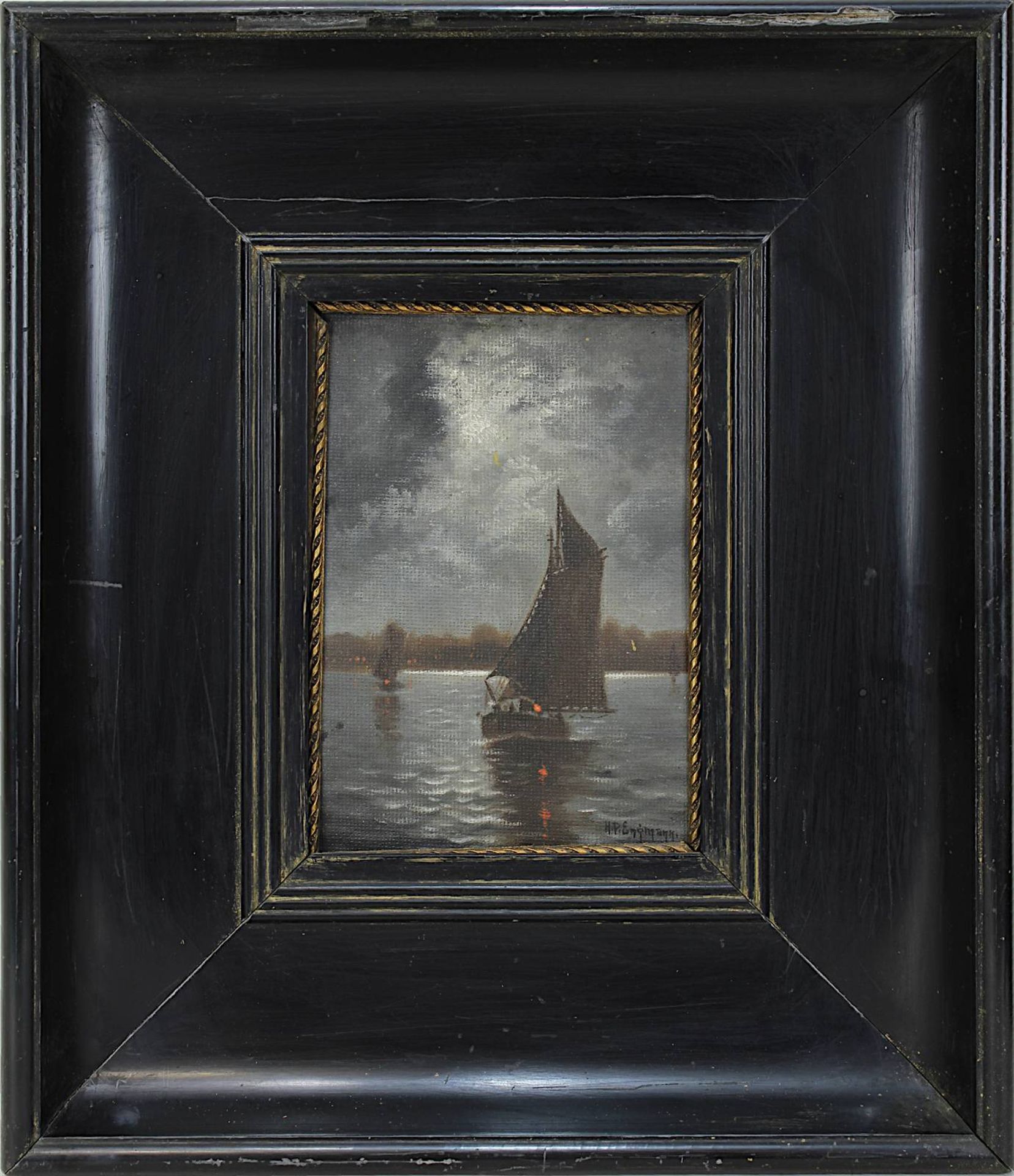 Engmann, HP (wohl Dänischer Maler, 1879 - 1938), Segelboote bei einbrechender Nacht, Öl auf
