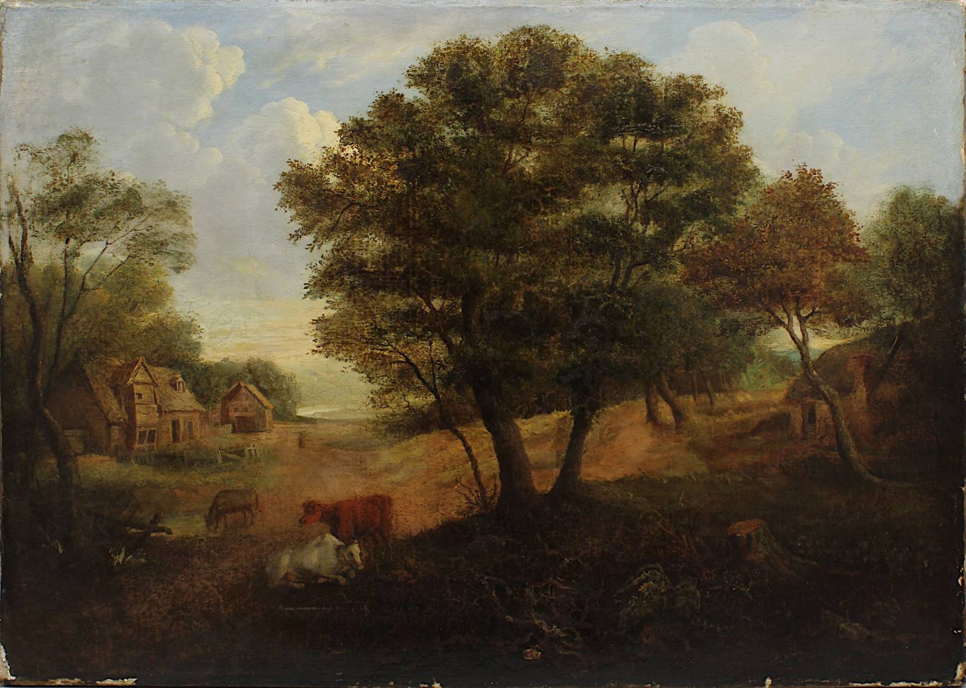 Norddeutscher Landschaftsmaler des 19. Jh., Ländliches Idyll mit Bauernhaus und Kühen, Öl auf