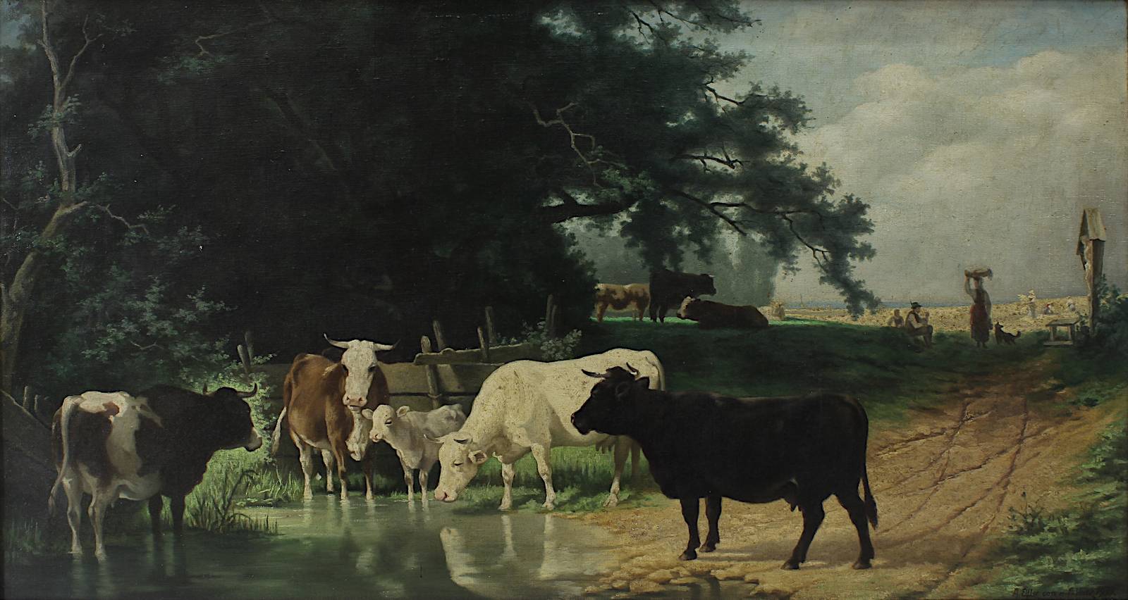 Eifler, A., Kopie nach Friedrich Volz, Kühe an der Wasserstelle mit Bauern im Hintergrund, 1933, - Image 2 of 4