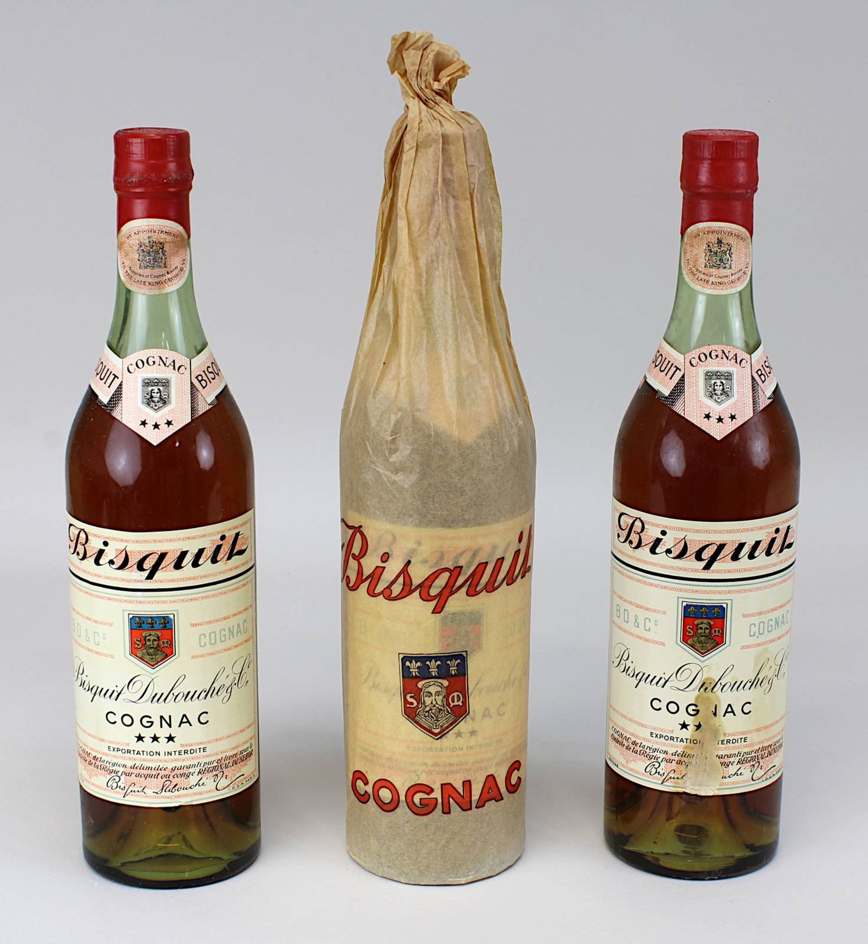 Drei Flaschen Cognac, 1960er Jahre, Bisquit Dubouché & Co., Regional Jaune D´Or, Füllhöhe: obere