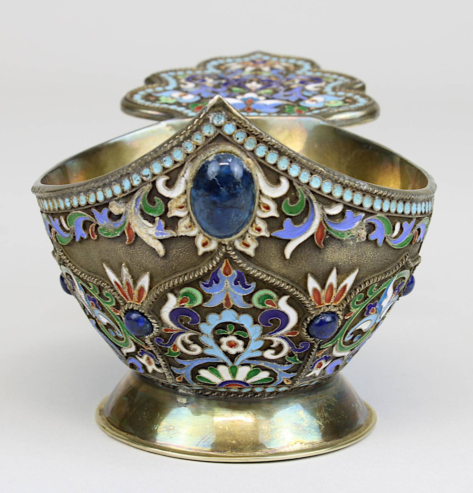 Silber-Kowch mit Emaille und Lapislazuli-Cabochons, Moskau um 1880, Silberkorpus mit Resten von - Bild 3 aus 6