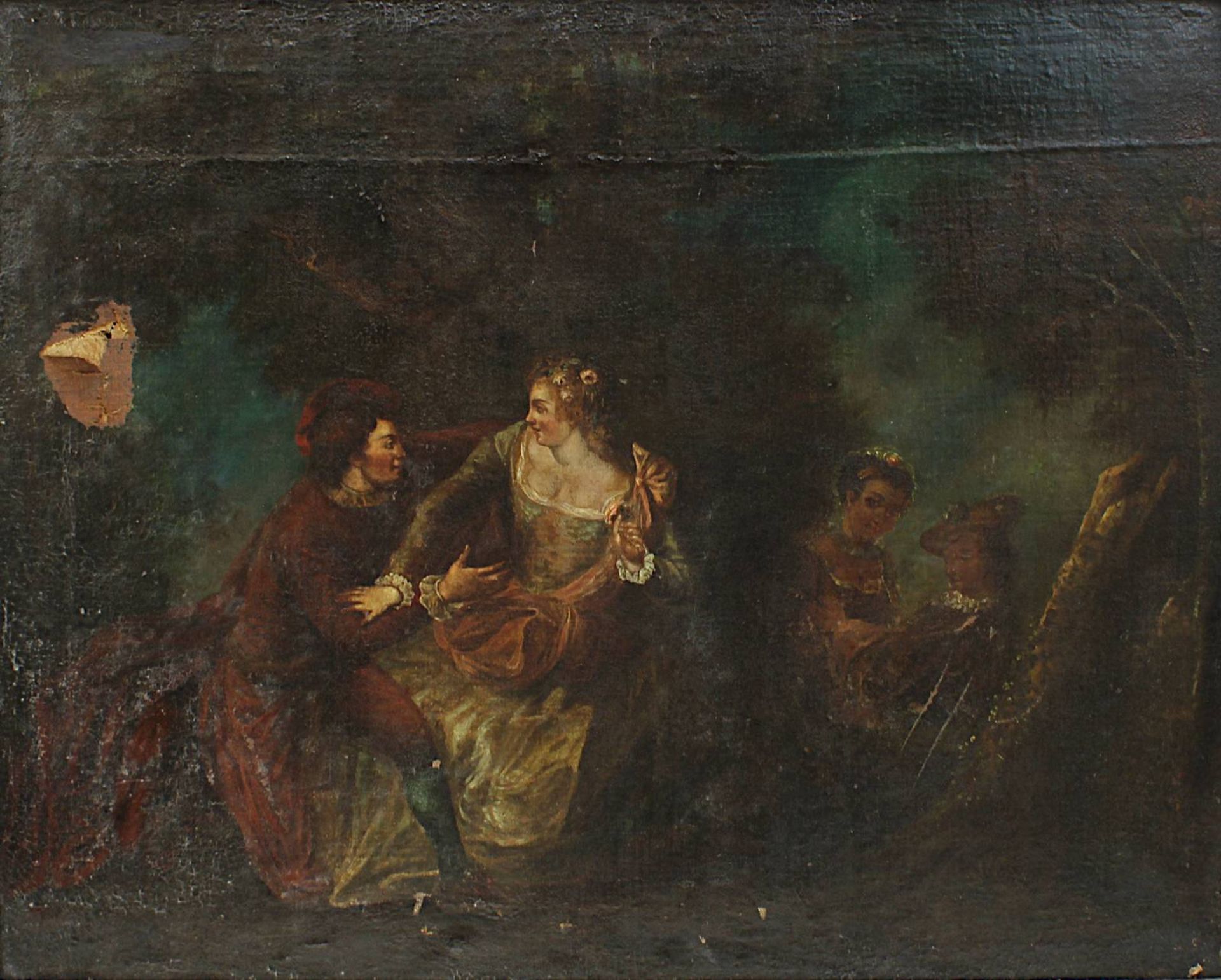 Watteau Nachfolger, 18. Jh., Schäferstündchen, zwei Liebespaare unter nächtlichen Bäumen, Öl auf - Image 2 of 3