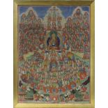 Thangka, wohl Tibet, 19. Jh., im Zentrum Buddha im Lotussitz, umgeben von zahlreichen Figuren,