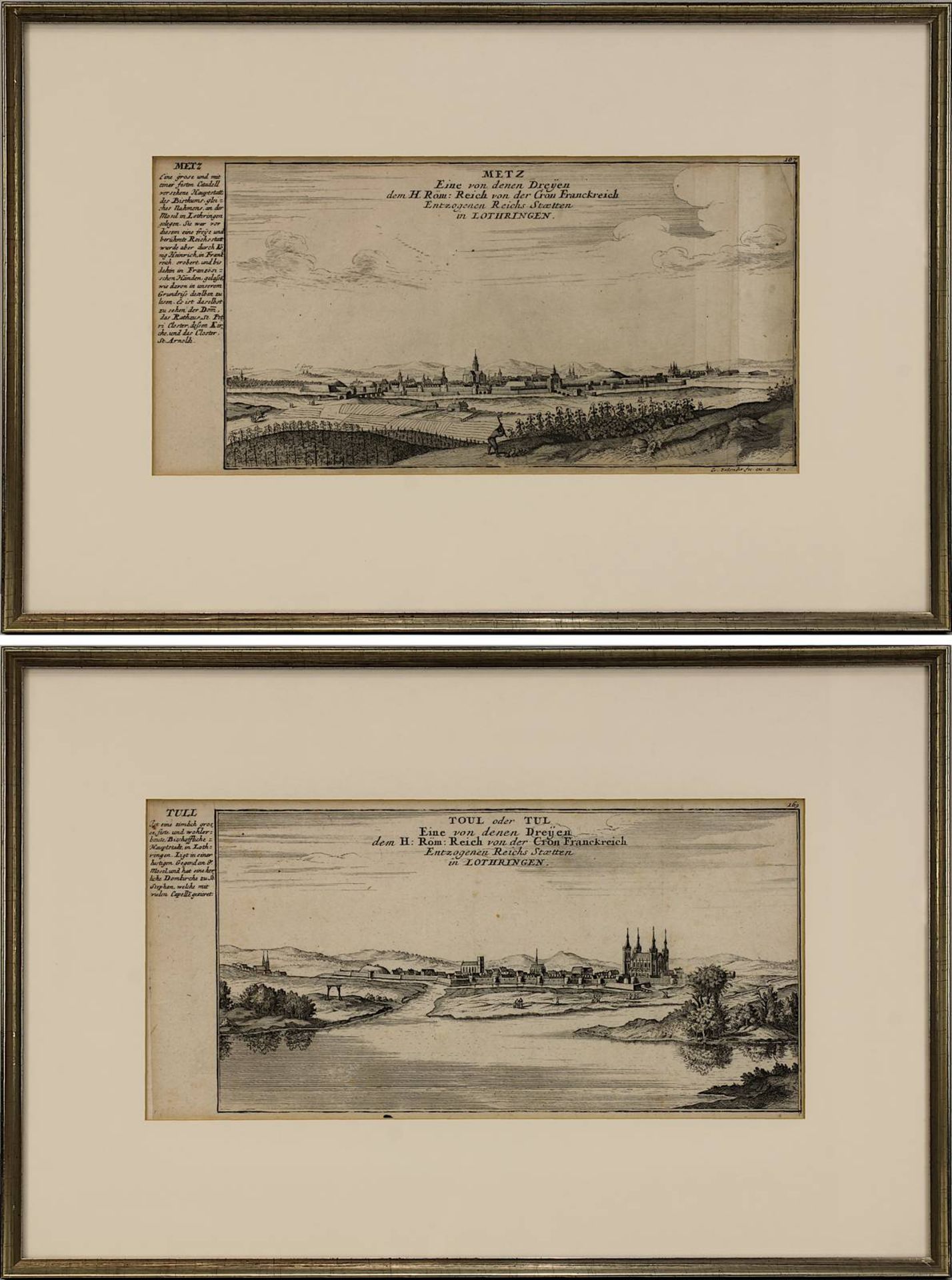 Metz und Toul, zwei Kupferstiche von Gabriel Bodenehr um 1720, jeweils Gesamtansicht der Stadt,