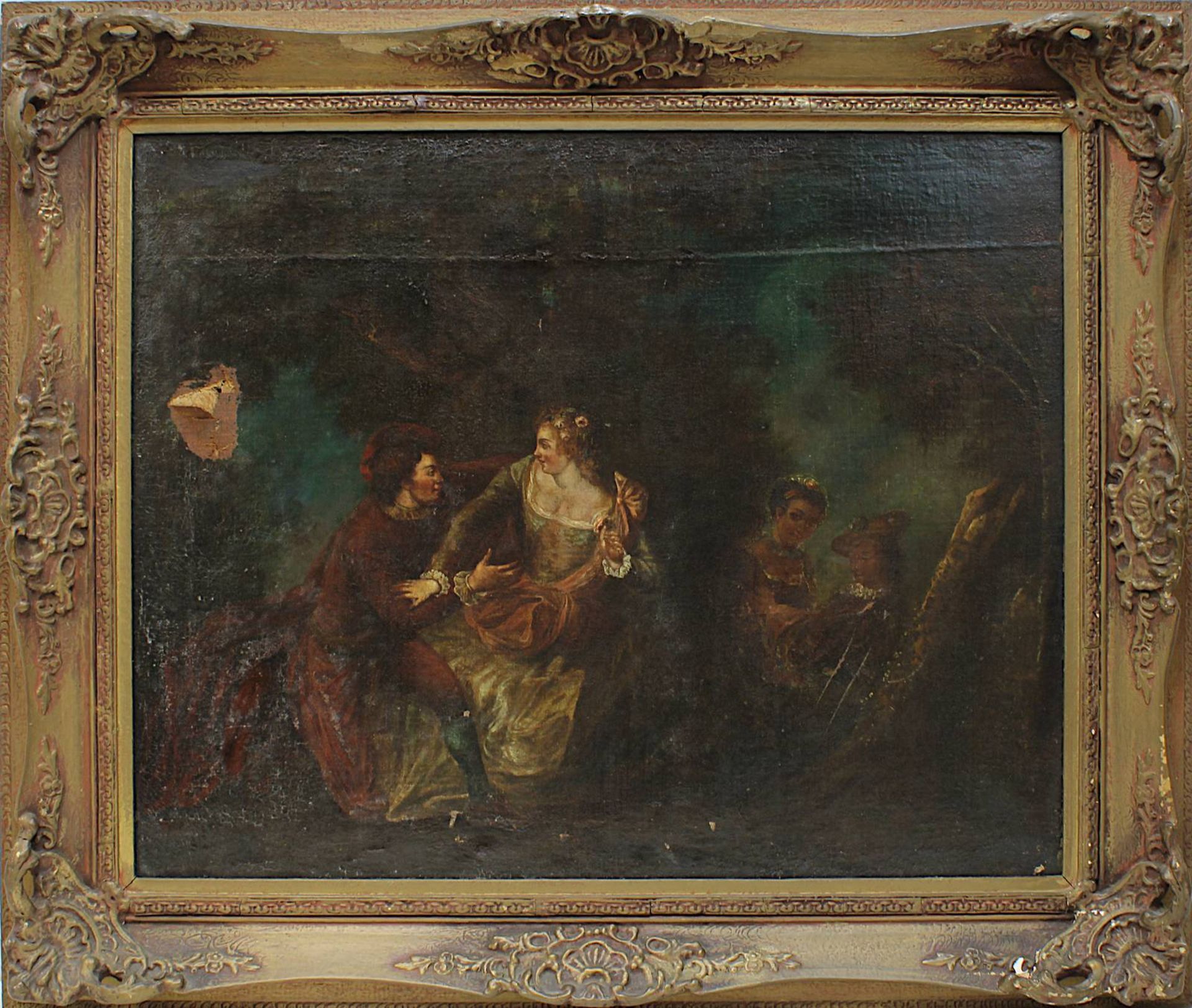 Watteau Nachfolger, 18. Jh., Schäferstündchen, zwei Liebespaare unter nächtlichen Bäumen, Öl auf