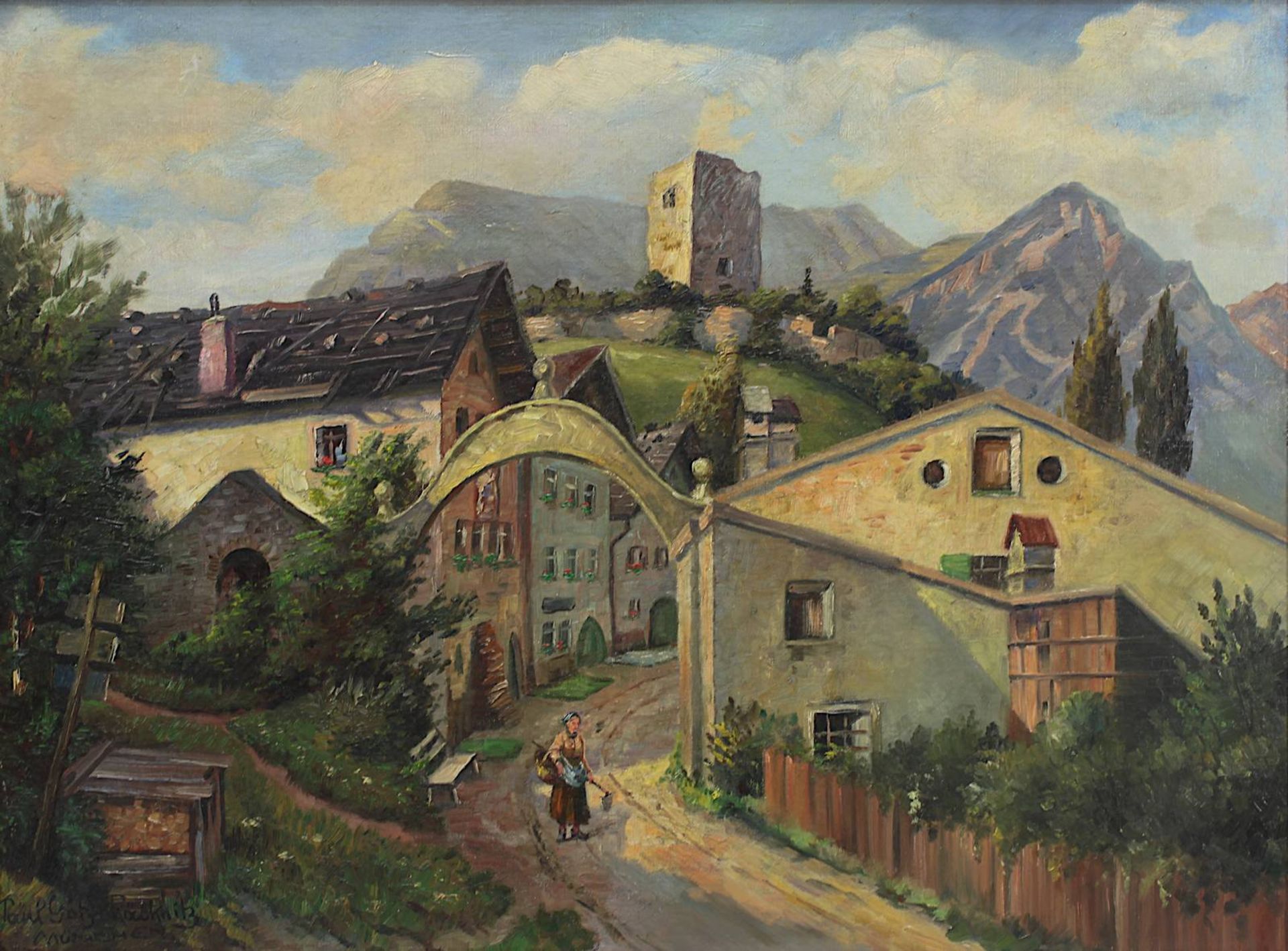 Götz-Räcknitz, Paul (Dresden 1873 - 1952), Dorf vor Burgruine und Bergkulisse, Öl auf Platte, - Image 2 of 4