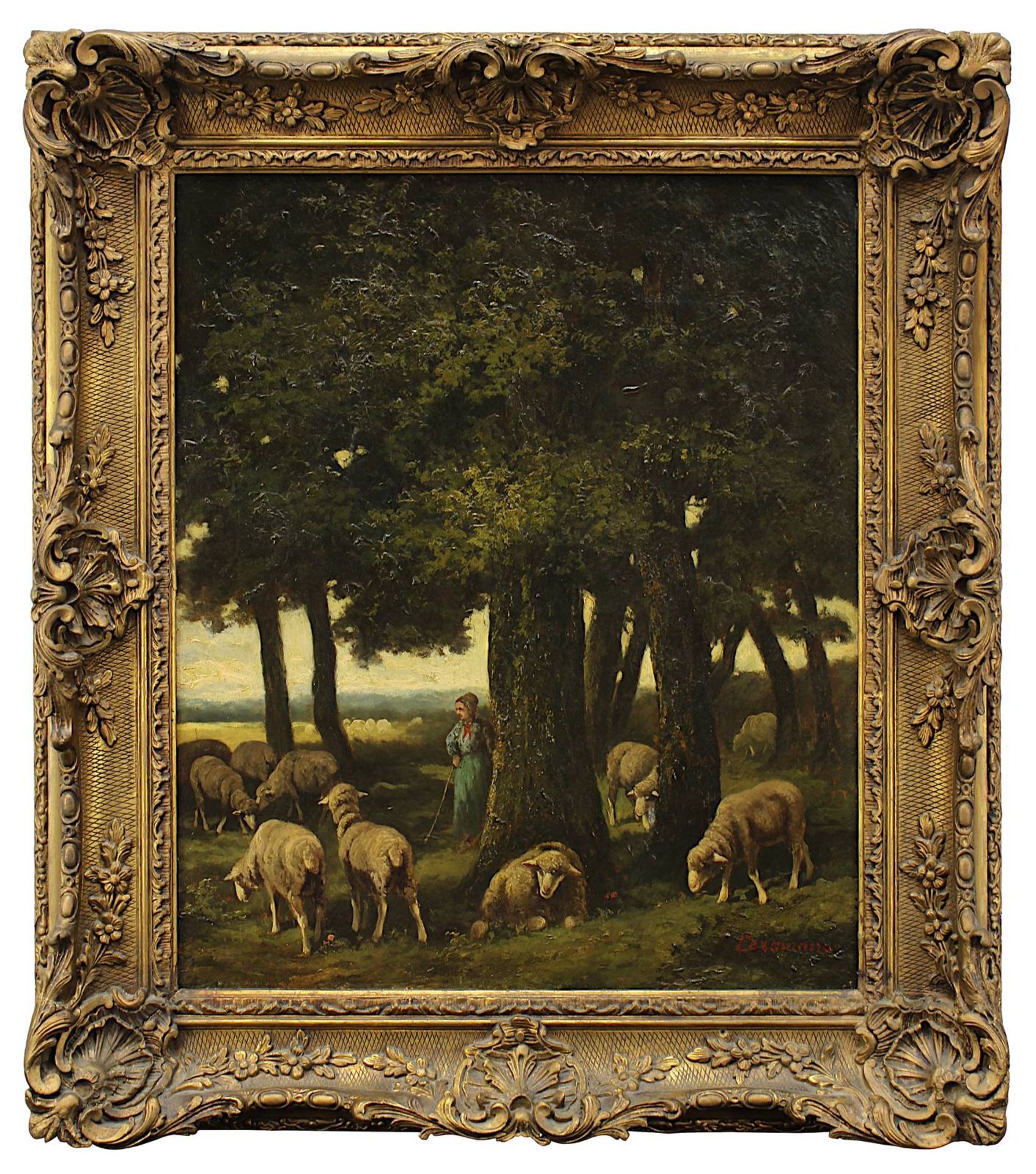 Ceramano, Charles Ferdinand (Tielt 1831 - 1909 Barbizon), Schäferin mit ihrer Herde unter Bäumen,