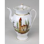 Große Biedermeier-Kaffeekanne, wohl Thüringen um 1830/40, mit Tierkopfausguss, Wandung farbig bemalt