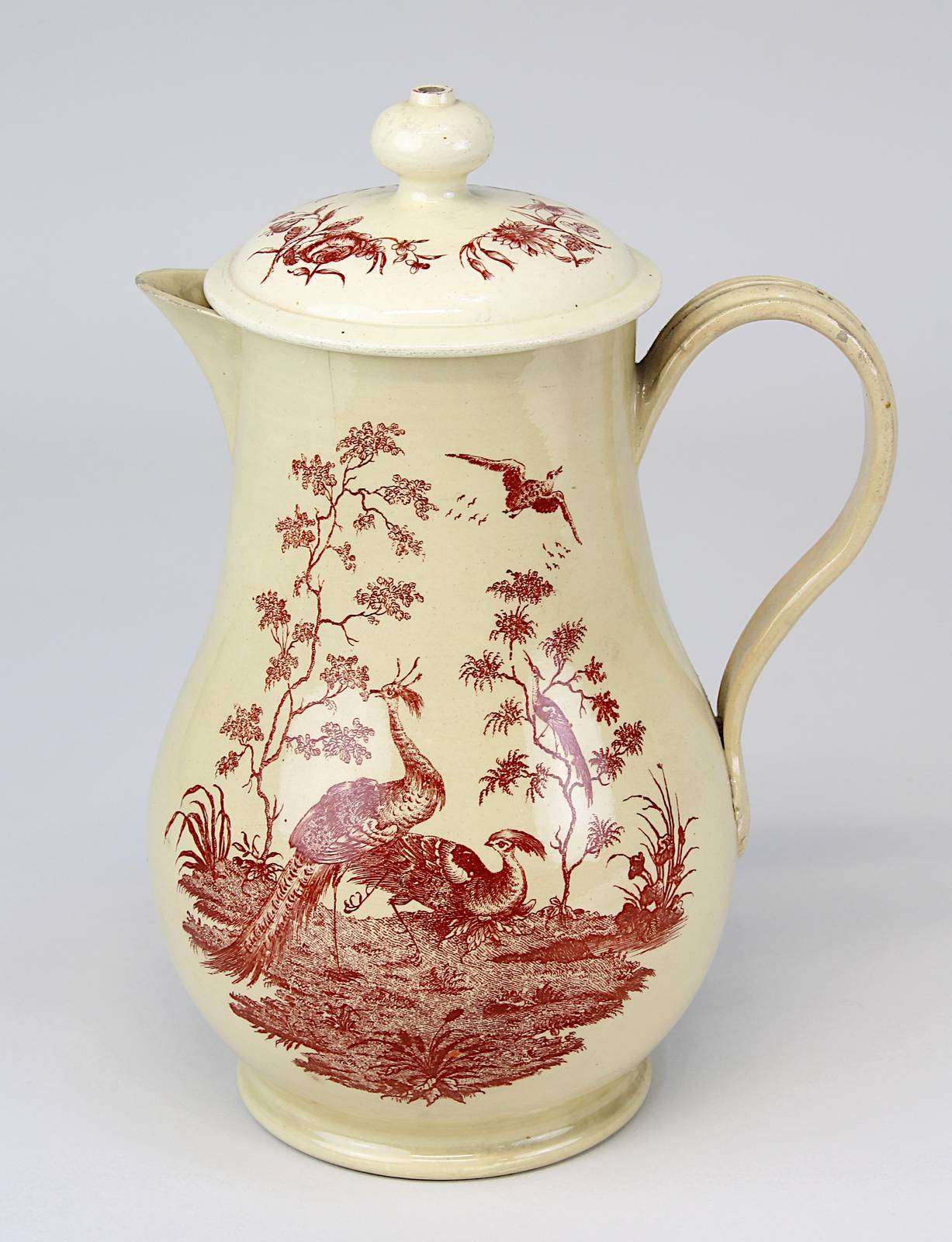 Kanne, Biedermeier, wohl Villeroy & Boch, um 1830, Birnform, mit rotem Kupferumdruckdekor von