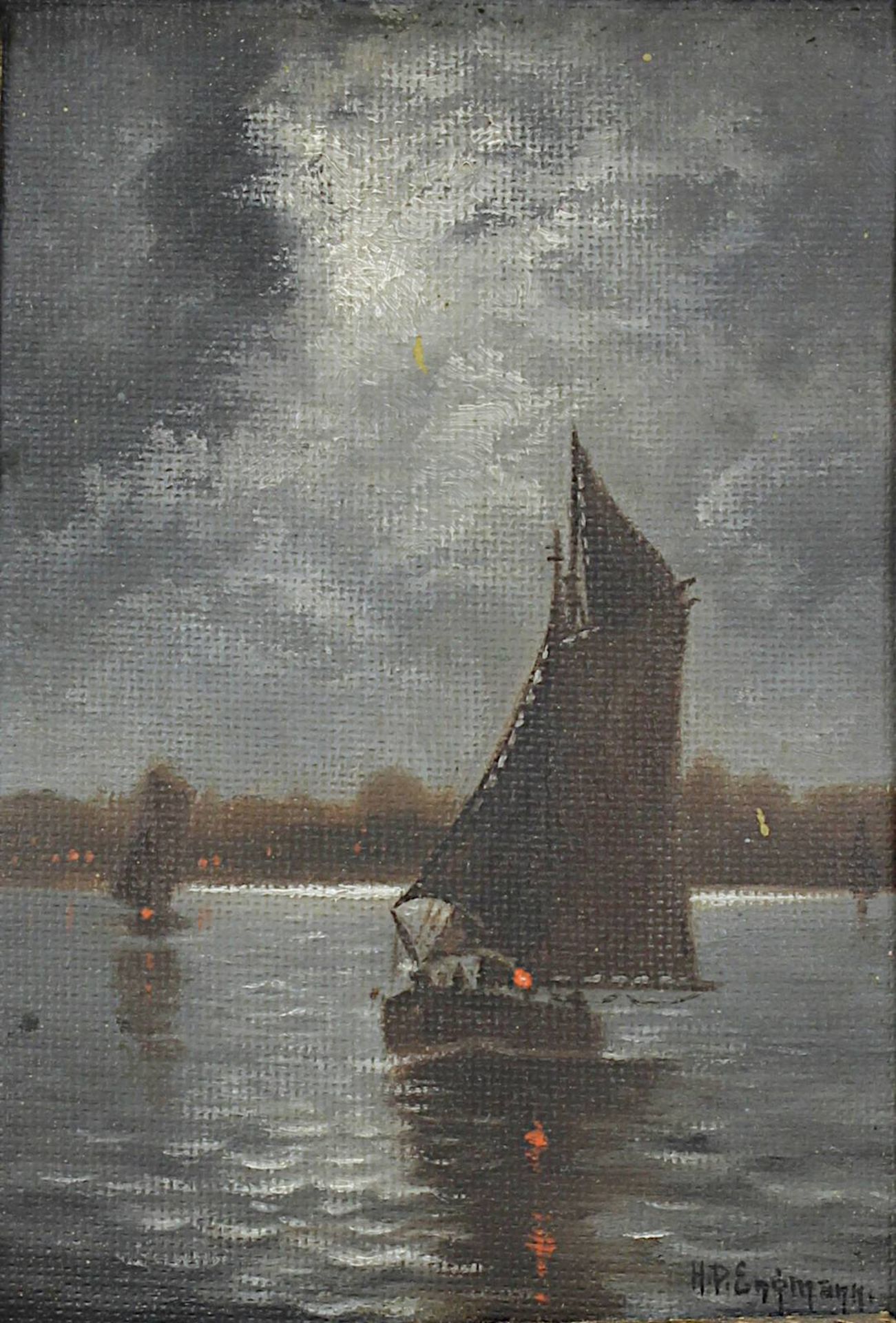 Engmann, HP (wohl Dänischer Maler, 1879 - 1938), Segelboote bei einbrechender Nacht, Öl auf - Image 2 of 4