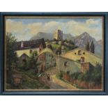 Götz-Räcknitz, Paul (Dresden 1873 - 1952), Dorf vor Burgruine und Bergkulisse, Öl auf Platte,