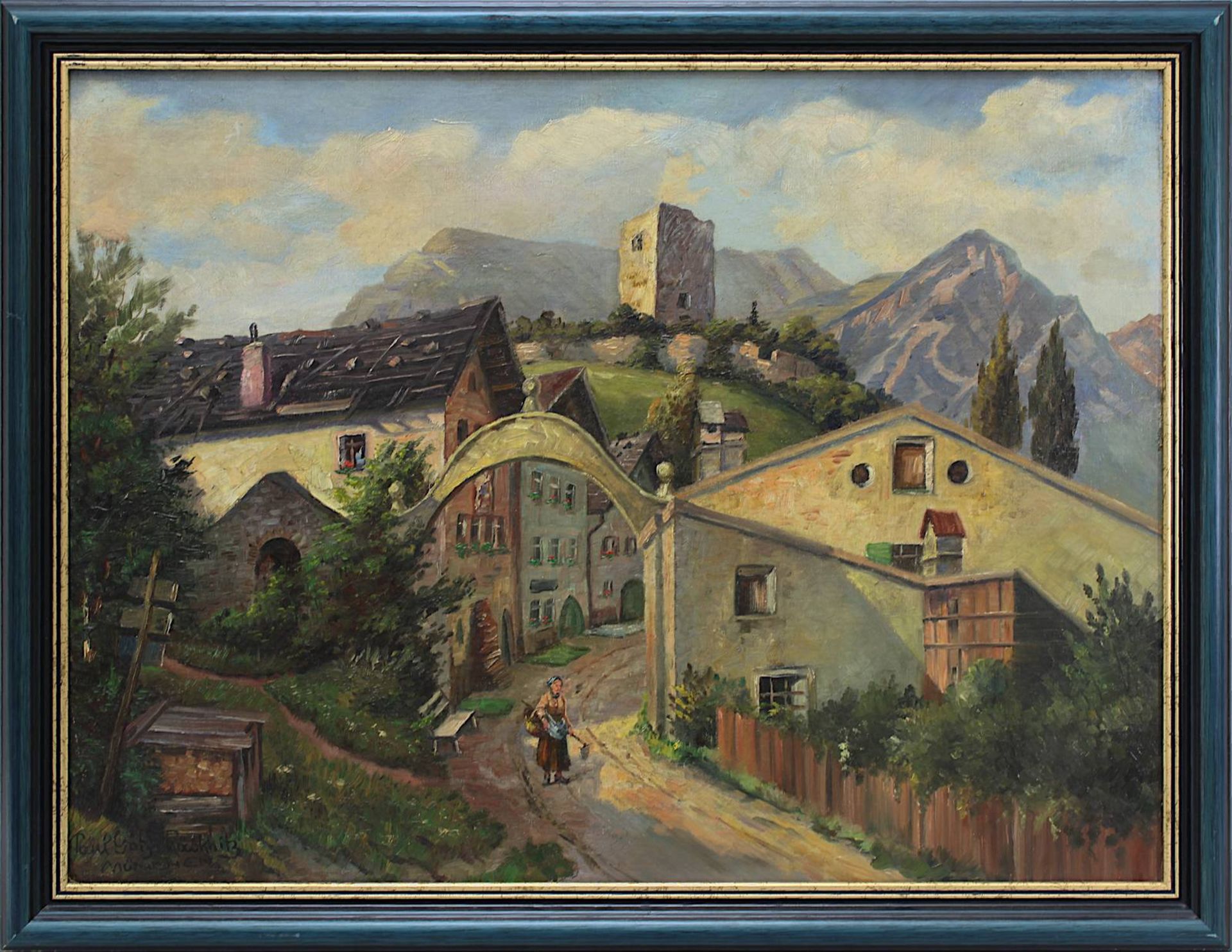 Götz-Räcknitz, Paul (Dresden 1873 - 1952), Dorf vor Burgruine und Bergkulisse, Öl auf Platte,