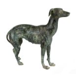 Stehender Windhund (greyhound, Whippet), 2. H. 20. Jh., Bronze mit grüner Patina, H: 29,6 cm, L: ca.