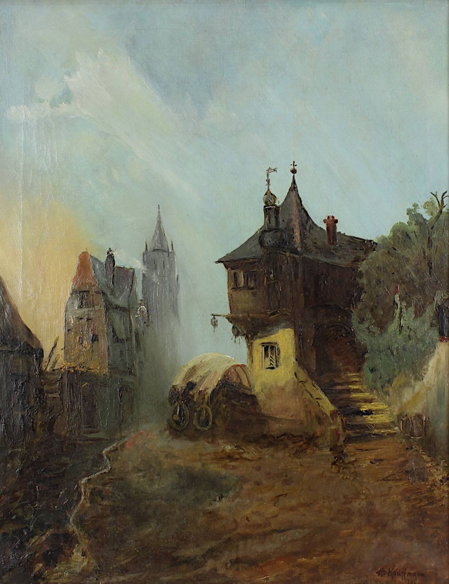 Kauffmann, (Herrmann) deutscher Maler um 1860, mittelalterliche Dorfszene, Öl auf Leinwand, rechts - Image 2 of 4