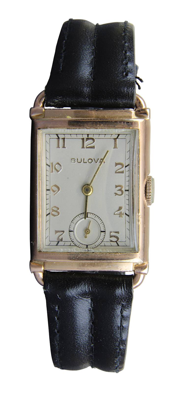 Bulova Herrenarmbanduhr, New York und Biel / Schweiz um 1950, rechteckiges Roségoldgehäuse, 14 Kt.