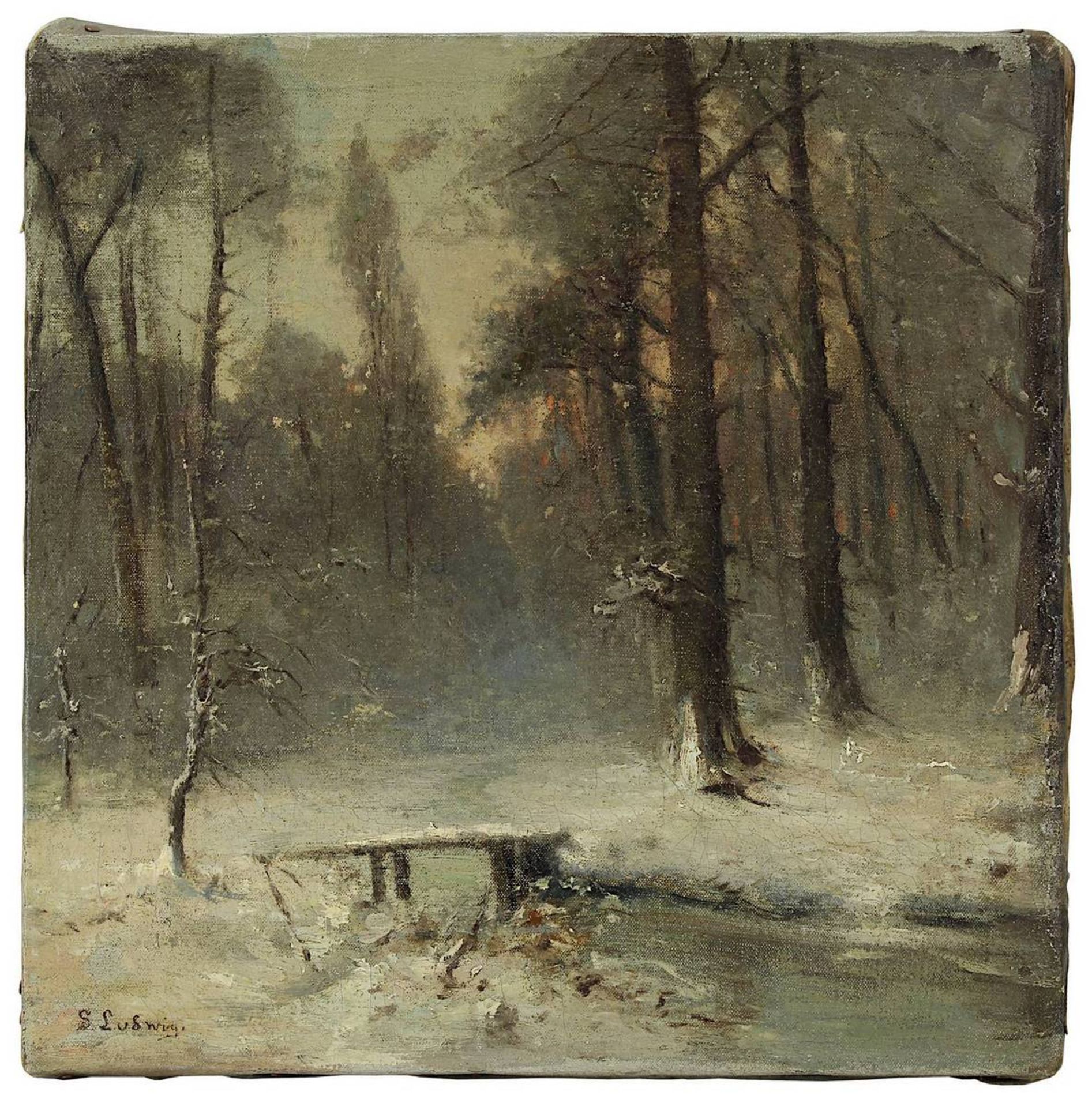 Winterwald mit Bachlauf und kleiner Brücke, sign. S. Ludwig, Ende 19. Jh., Öl auf Leinwand, u. re.