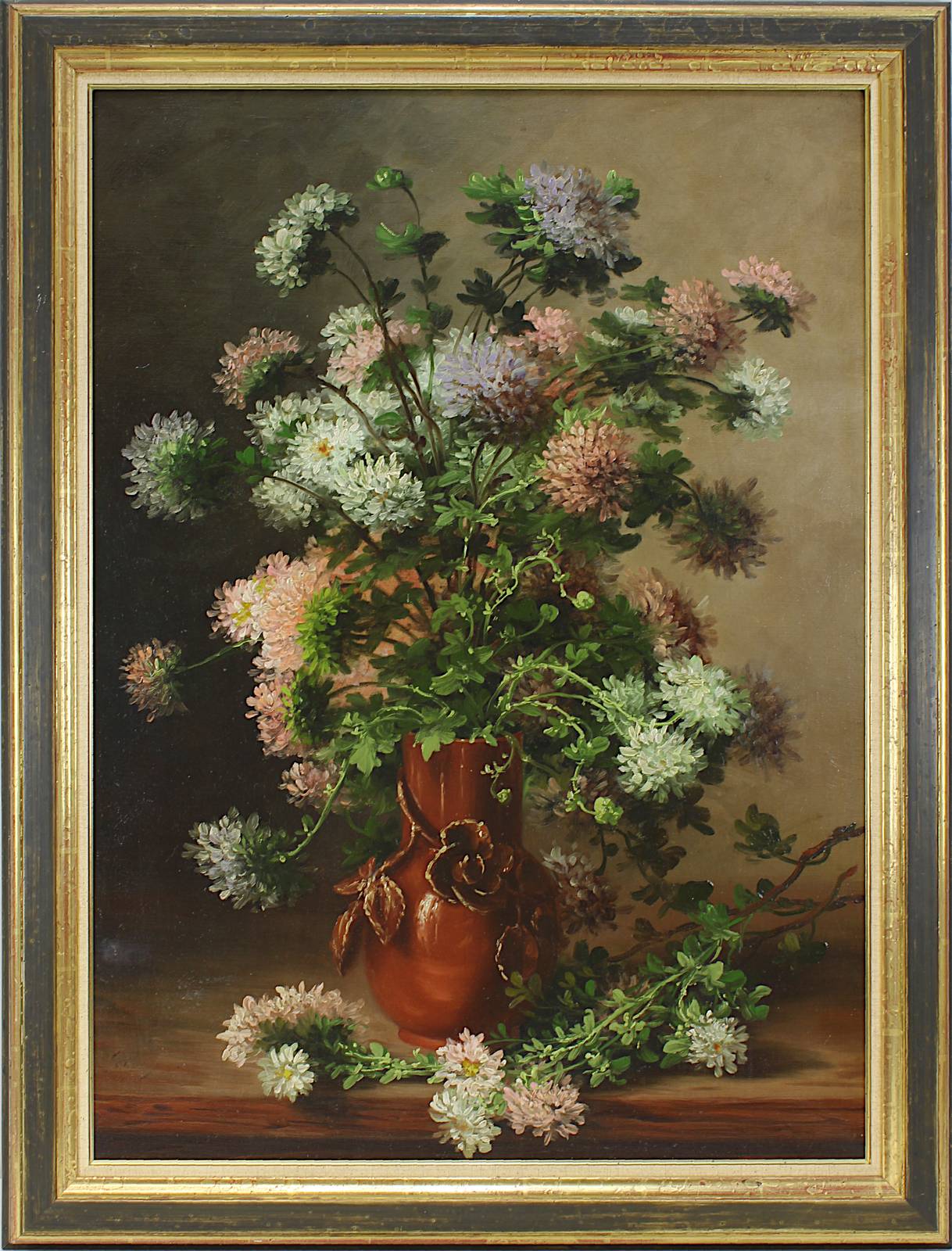 Stillebenmaler, E. 19. / A. 20. Jh., Stilleben mit Astern in brauner Vase, Öl auf Leinwand, links