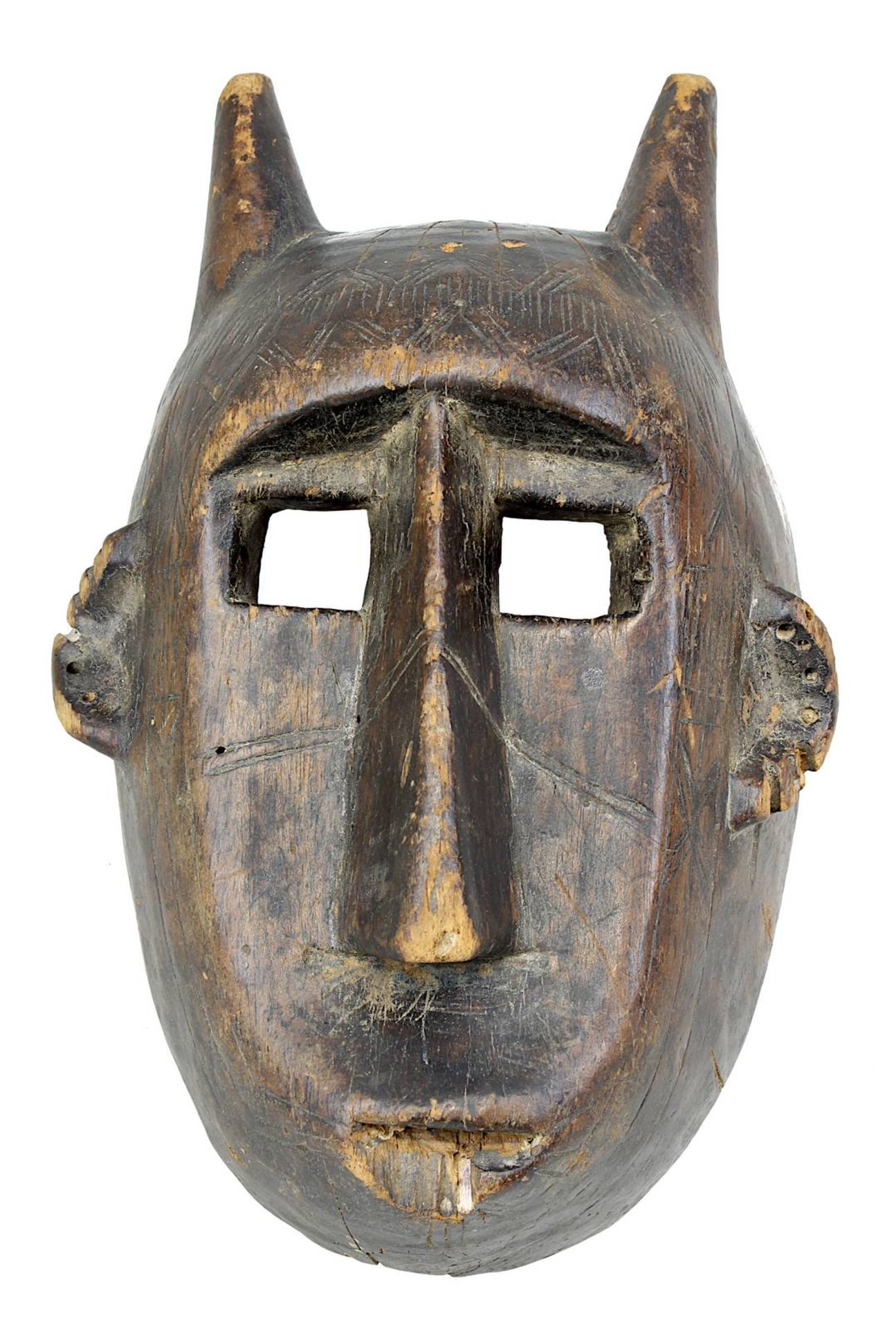 Hyänen-Maske der Dogon, Mali, Holz geschnitzt, anthropomorphe Gesichtsmaske mit Ohren und kleinen