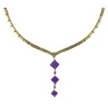 Bicolor-Collier mit Amethysten und Brillantbesatz, 585er Gelbgoldkette mit rechteckigen Gliedern,