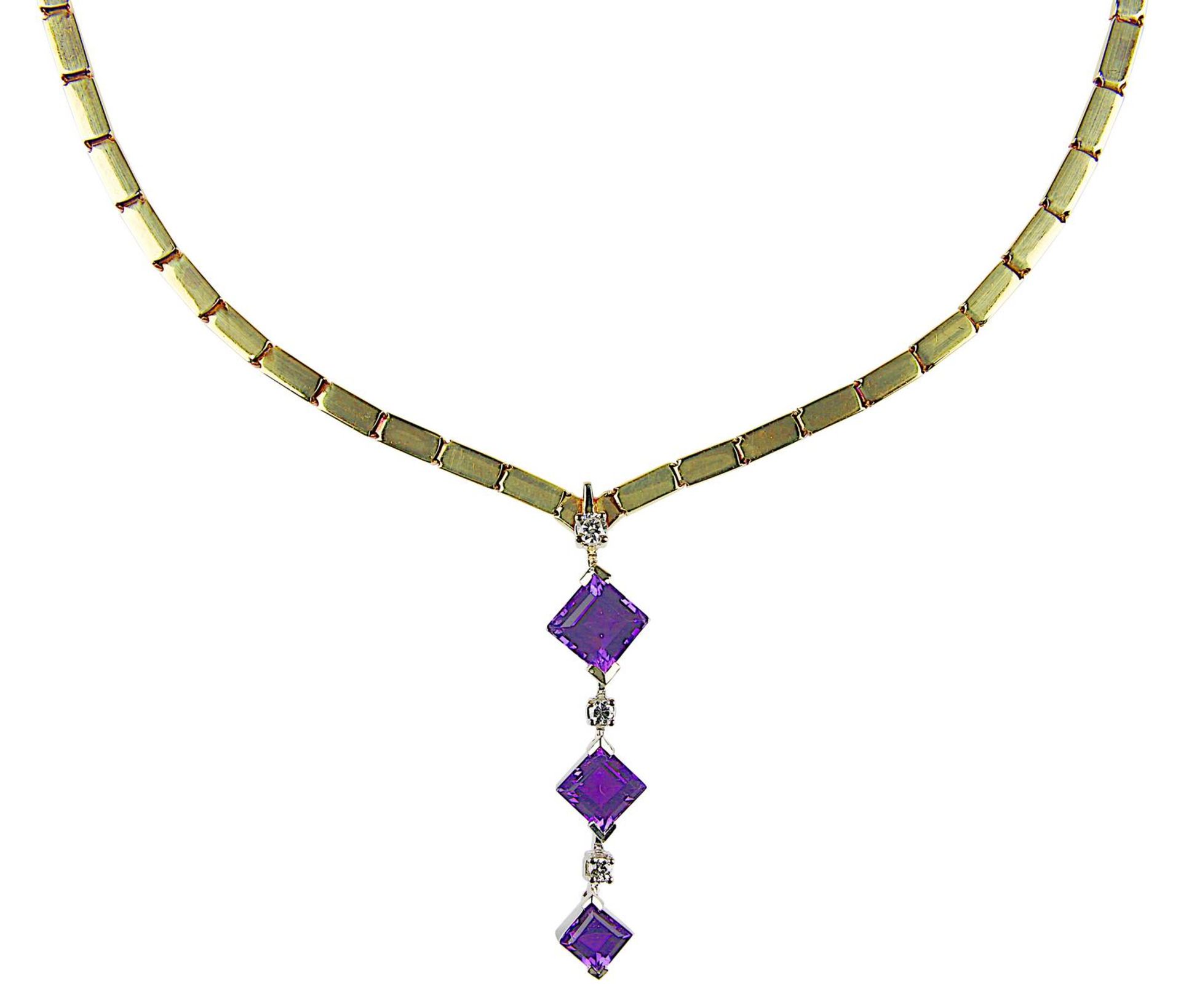 Bicolor-Collier mit Amethysten und Brillantbesatz, 585er Gelbgoldkette mit rechteckigen Gliedern,