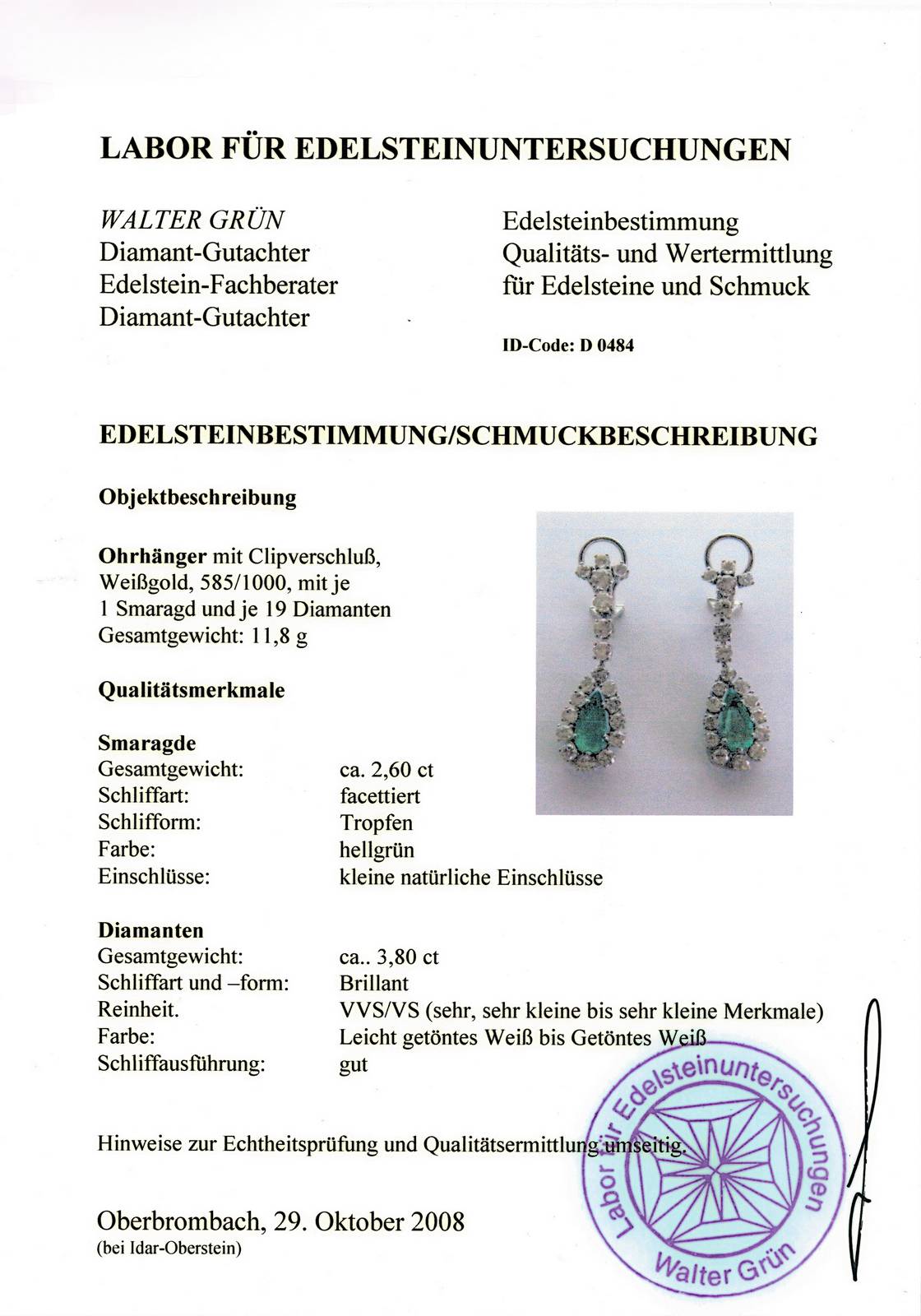 Platinohrhänger mit Smaragdtropfen und Brillanten, Deutschland um 1980, handgefertigte Ohrhänger mit - Image 2 of 2