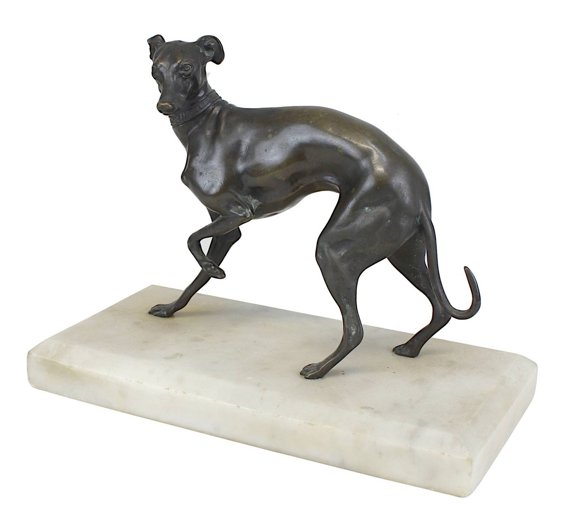 Bildhauer 20. Jh., stehender Windhund (greyhound, Whippet), Bronze, mit braun-goldener Patina, auf