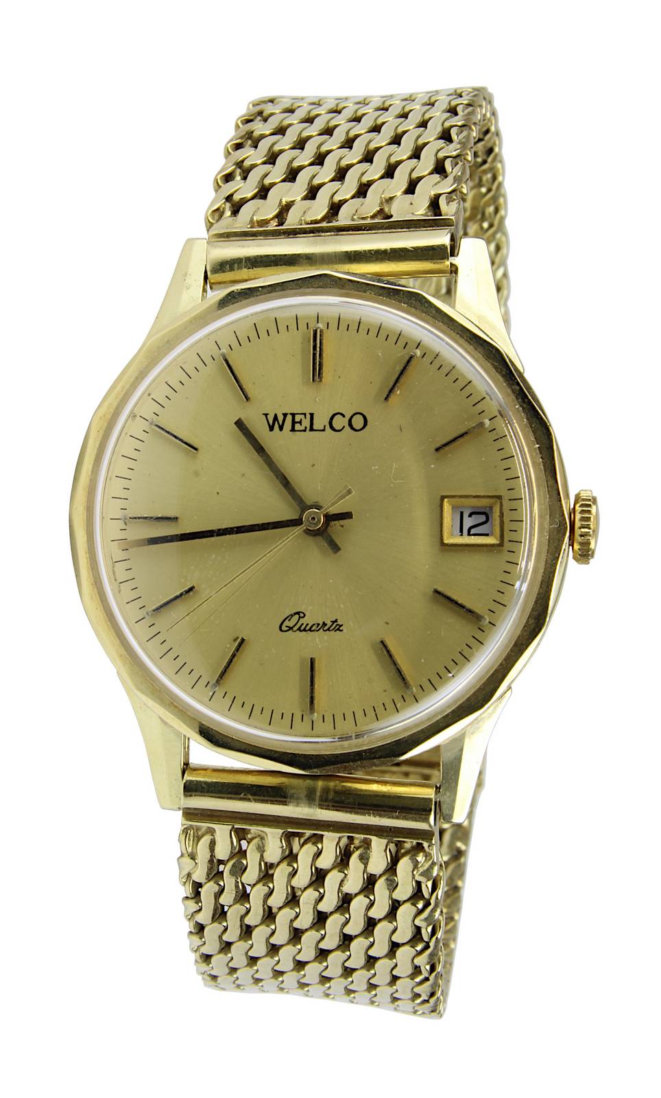 Welco Herrenarmband in Gelbold, Schweiz um 1990, Armbanduhr mit Quarzwerk, Stunden, Minuten und