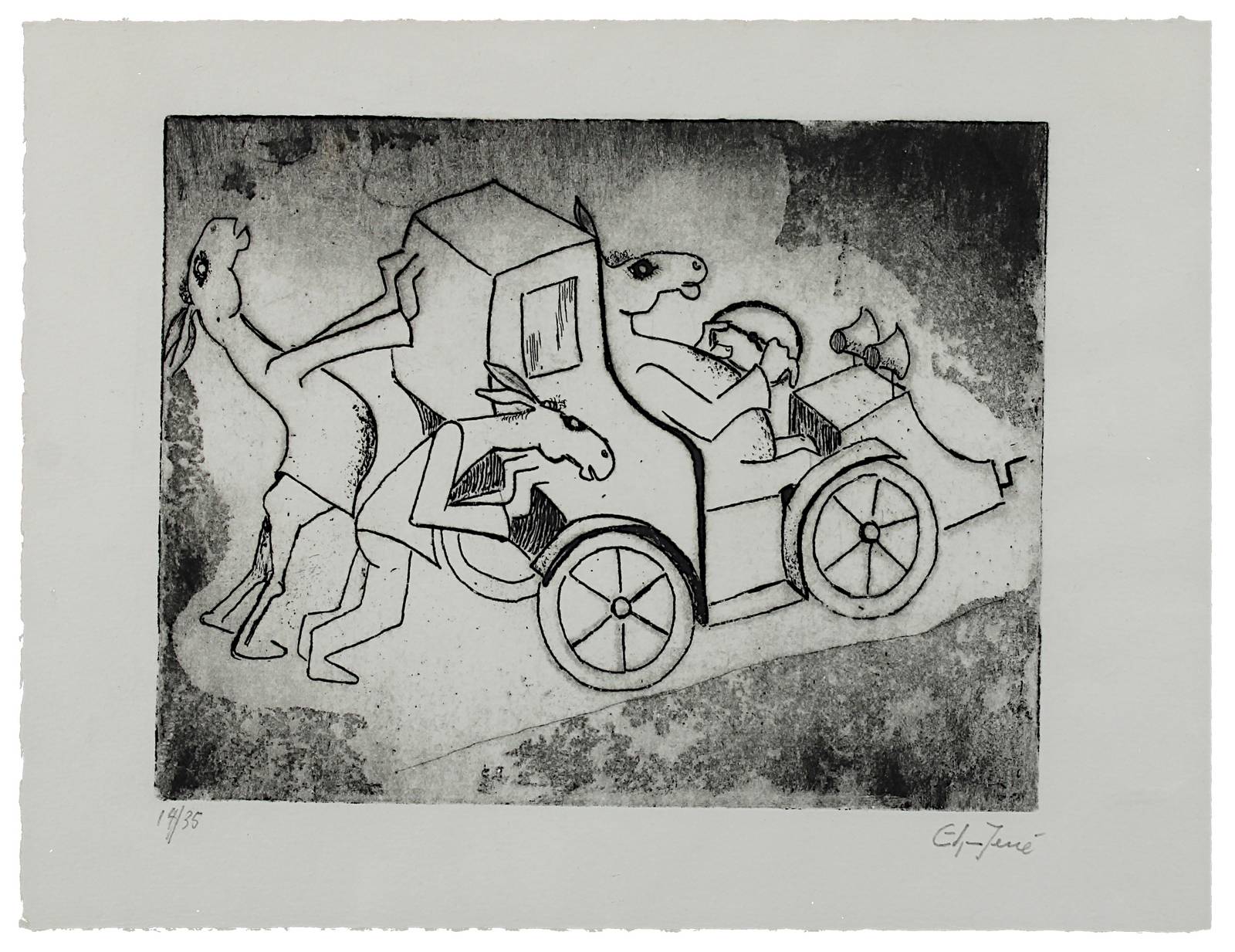 Jené, Edgar (Saarbrücken 1904 - 1984 La Chapelle-Saint-André), 3 Esel u. ein Automobil, Radierung,