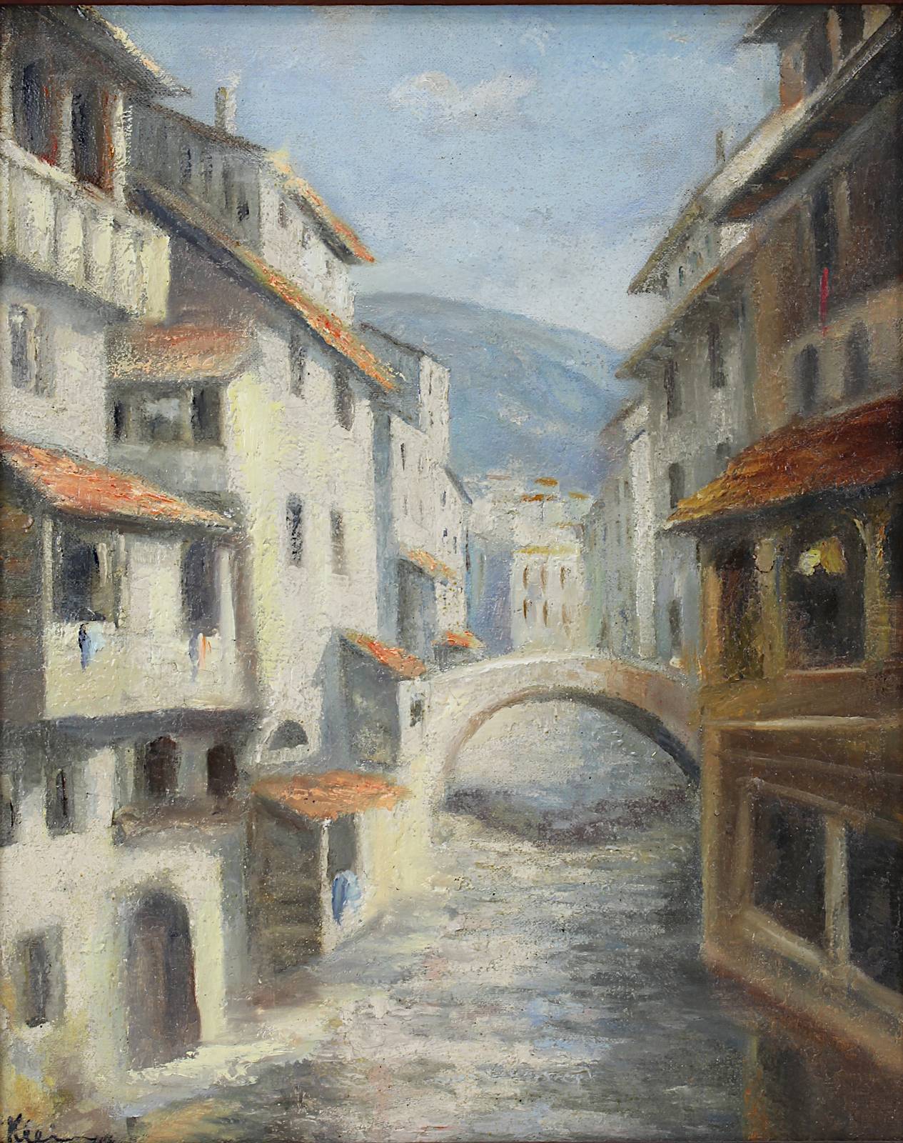 Klein, Architekturmaler M. 20. Jh., südliche Stadt mit Häusern, Flusslauf und Bogenbrücke, Öl auf - Image 2 of 4