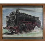 Kohlezeichnung der Lokomotive 62015, Kohle- und Wachsfarben, Blattgröße 38 x 55 cm, unter Gals