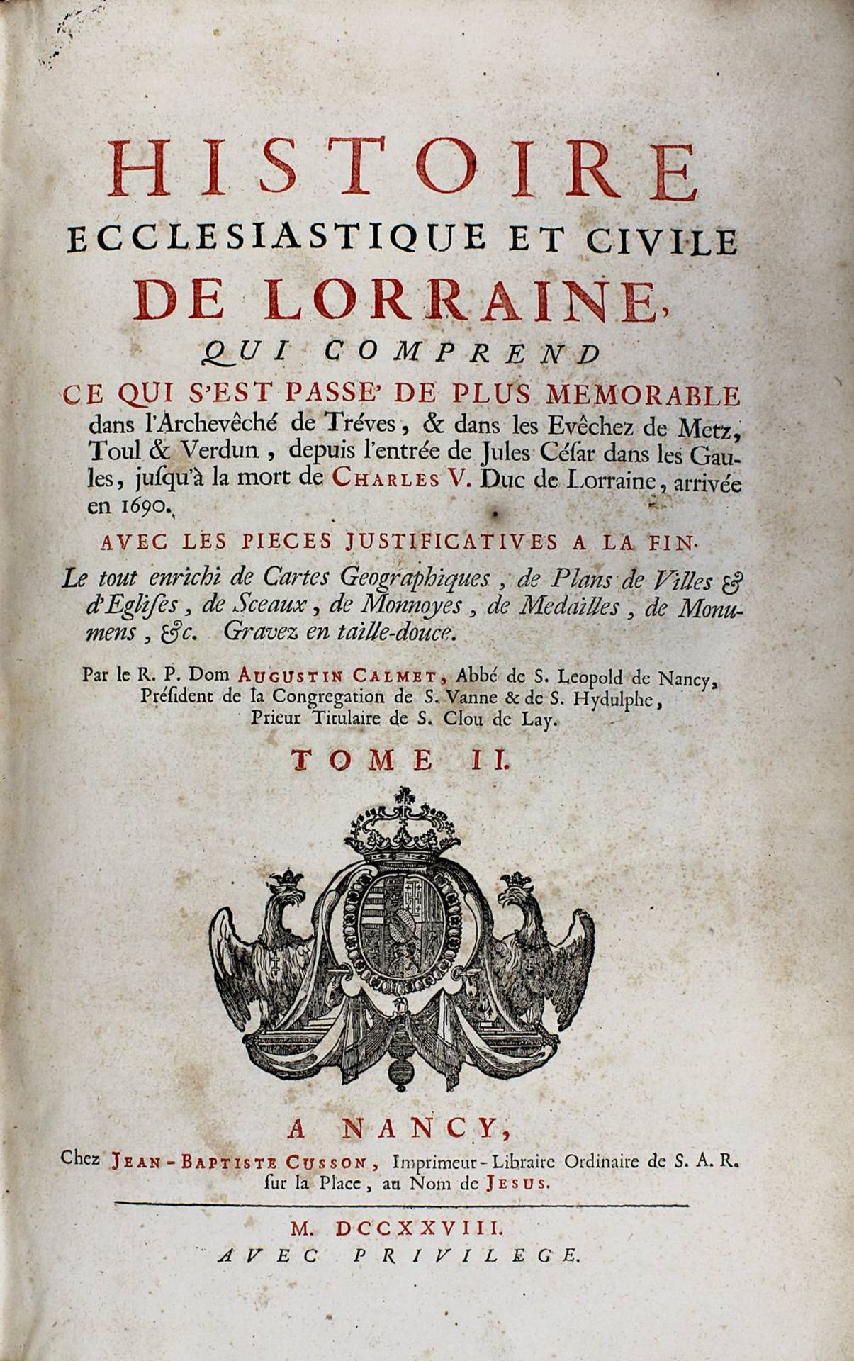 Calmet, Augustin "Histoire Ecclesiastique et civile de Lorraine", Tome I-III, Nancy 1728, und Tome - Image 2 of 2