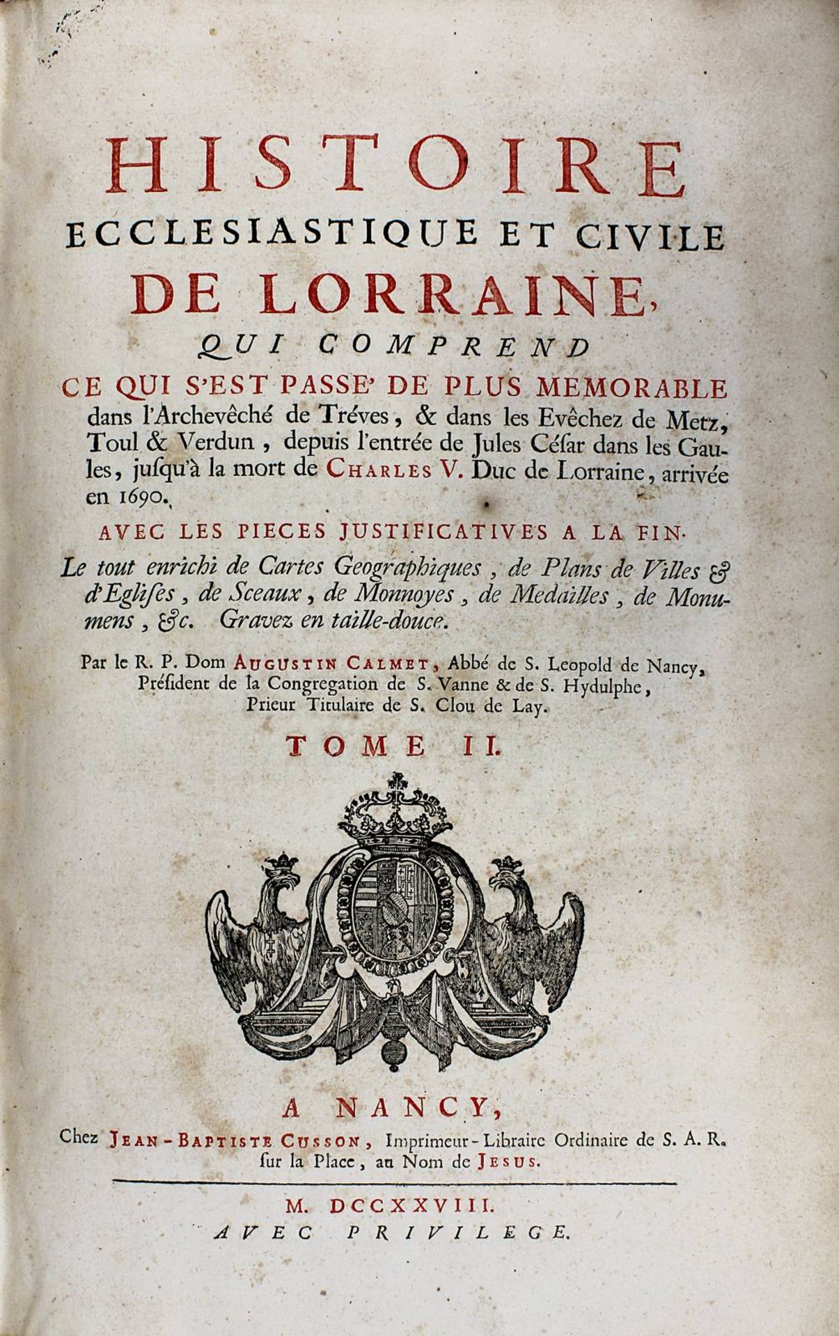 Calmet, Augustin "Histoire Ecclesiastique et civile de Lorraine", Tome I-III, Nancy 1728, und Tome - Bild 2 aus 2