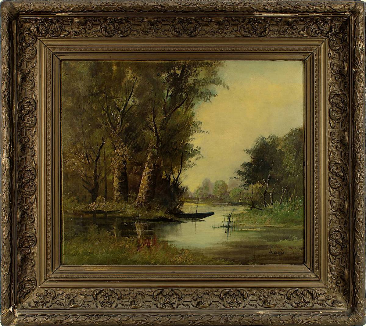 Loris, wohl französischer Landschaftsmaler, 2. H. 19. Jh., baumgesäumter Wasserlauf, Öl auf