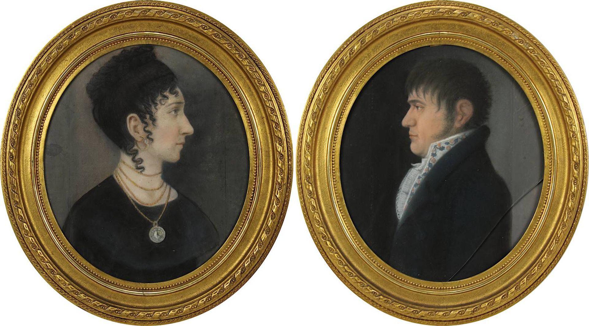 Porträtmaler 1. Drittel 19. Jh., Porträts eines Paares der Empire/Biedermeierzeit, Pastellkreide,