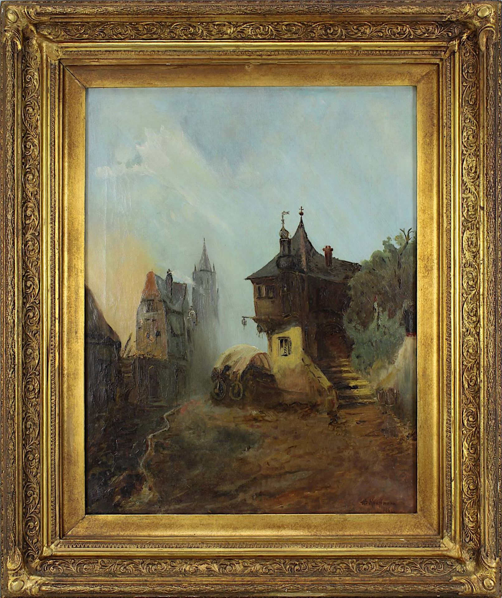 Kauffmann, (Herrmann) deutscher Maler um 1860, mittelalterliche Dorfszene, Öl auf Leinwand, rechts