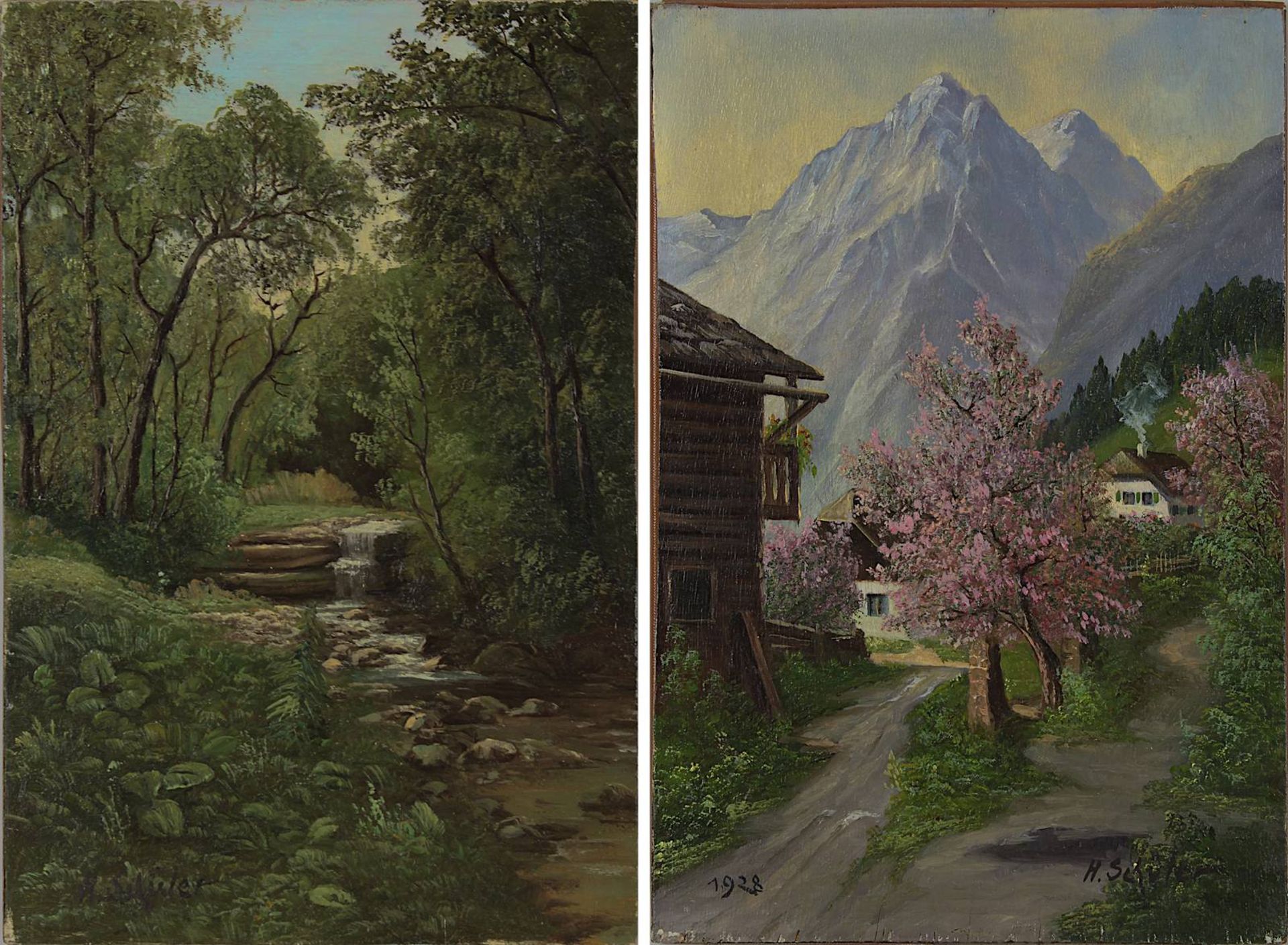 Schüler, H., Maler, 1. Drittel 20. Jh., zwei Arbeiten, jeweils Öl auf Holz, je 24,5 x 16,5 cm: Motiv
