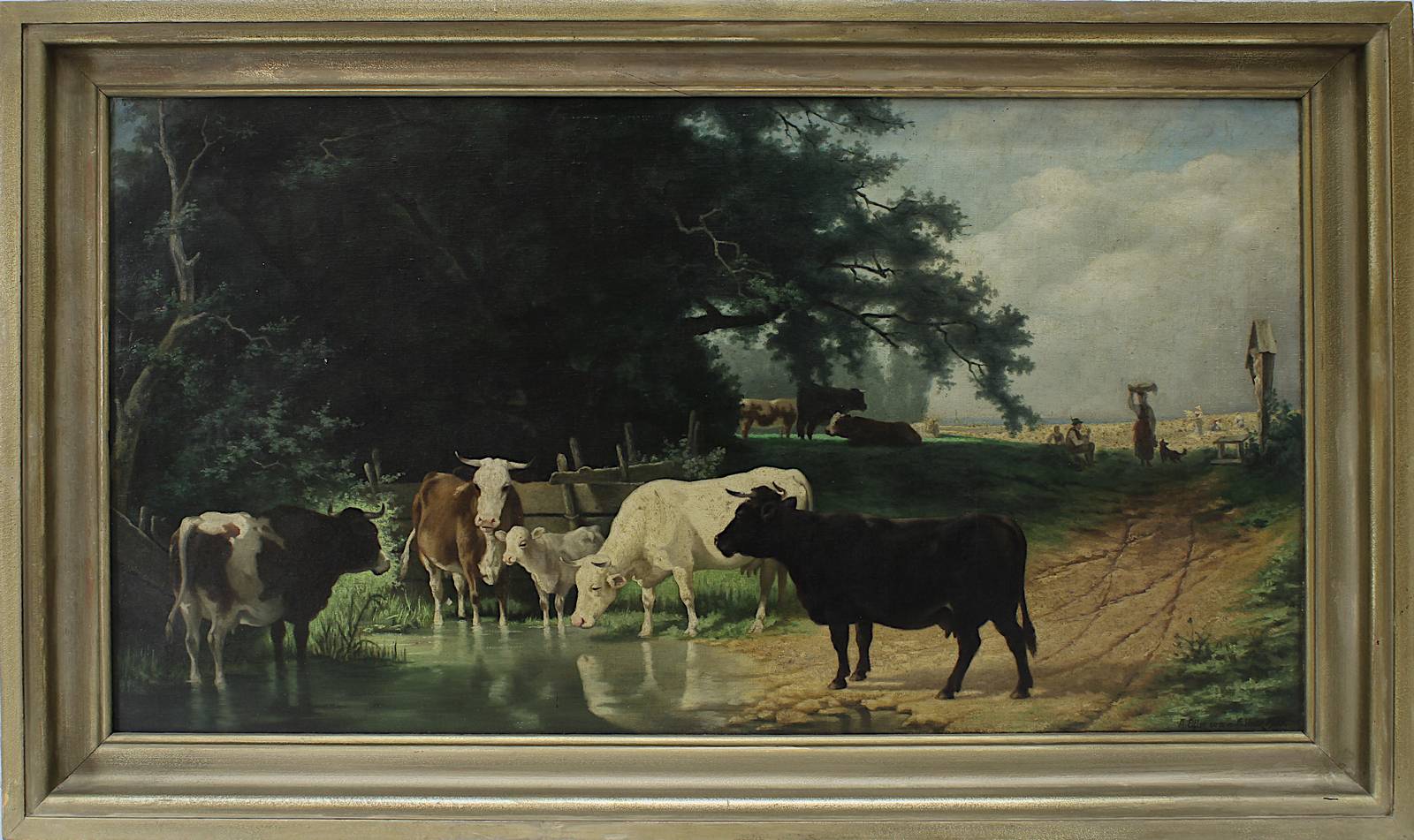 Eifler, A., Kopie nach Friedrich Volz, Kühe an der Wasserstelle mit Bauern im Hintergrund, 1933,