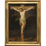 Heiligenmaler 19.Jh., Christus am Kreuz, Öl auf Holzplatte, mit einem Kratzer und Schwundrissen,