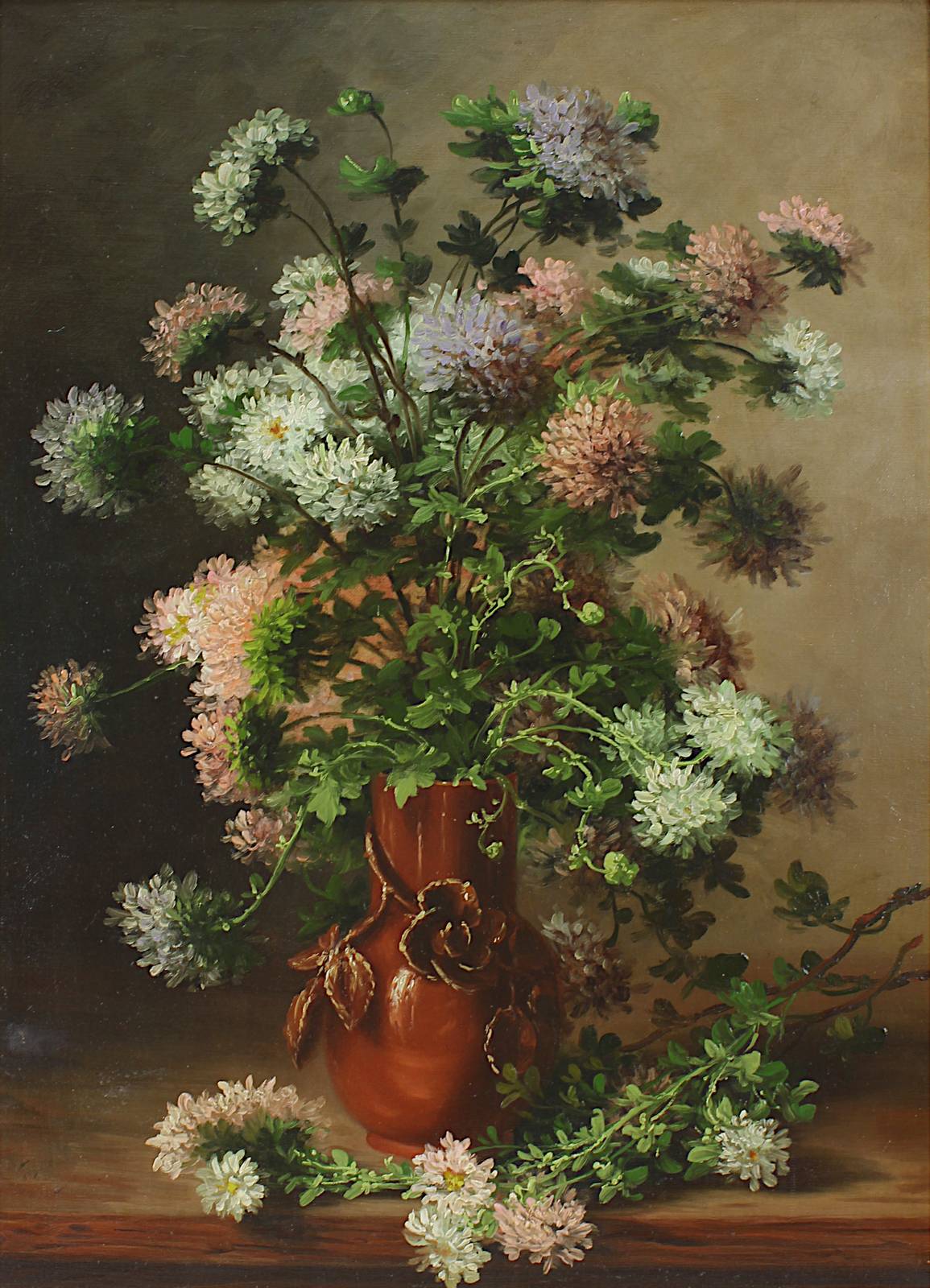 Stillebenmaler, E. 19. / A. 20. Jh., Stilleben mit Astern in brauner Vase, Öl auf Leinwand, links - Image 2 of 4
